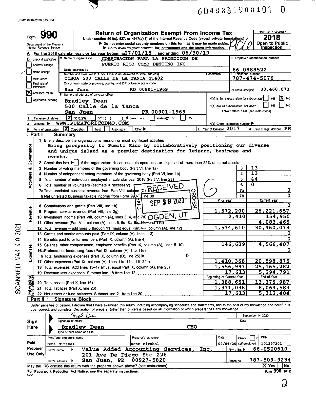 Image of first page of 2018 Form 990 for Corporacion Para La Promocion de Puerto Rico Como Destino