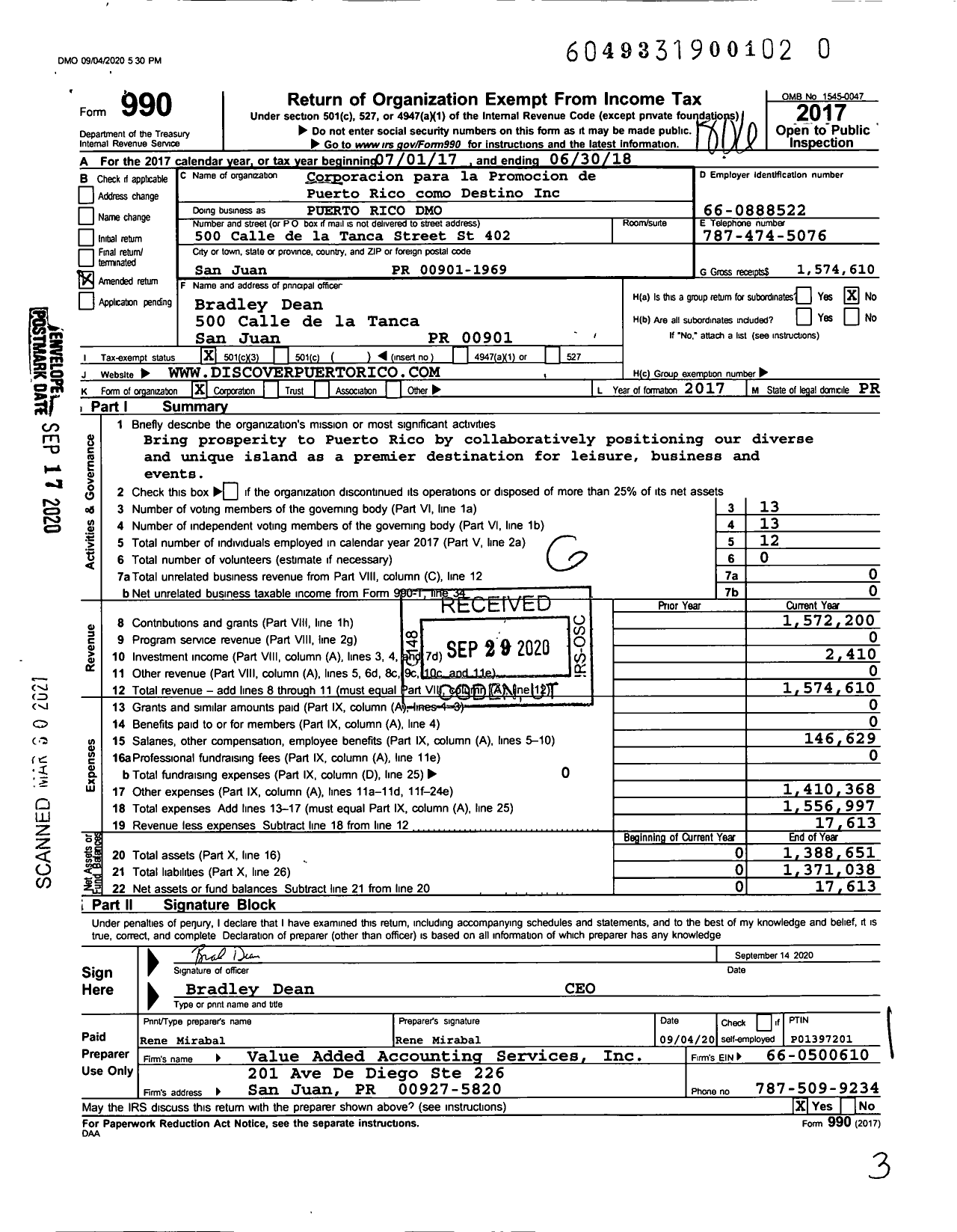 Image of first page of 2017 Form 990 for Corporacion Para La Promocion de Puerto Rico Como Destino