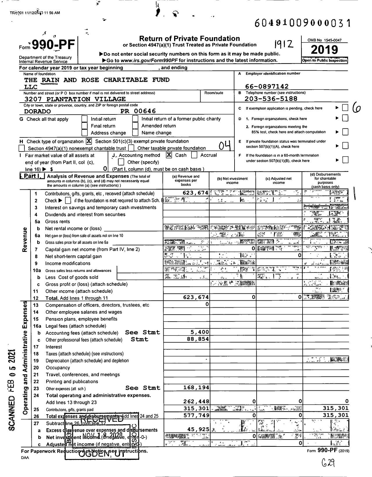 Image of first page of 2019 Form 990PF for The Rain and Rose Charitable Fund LLC