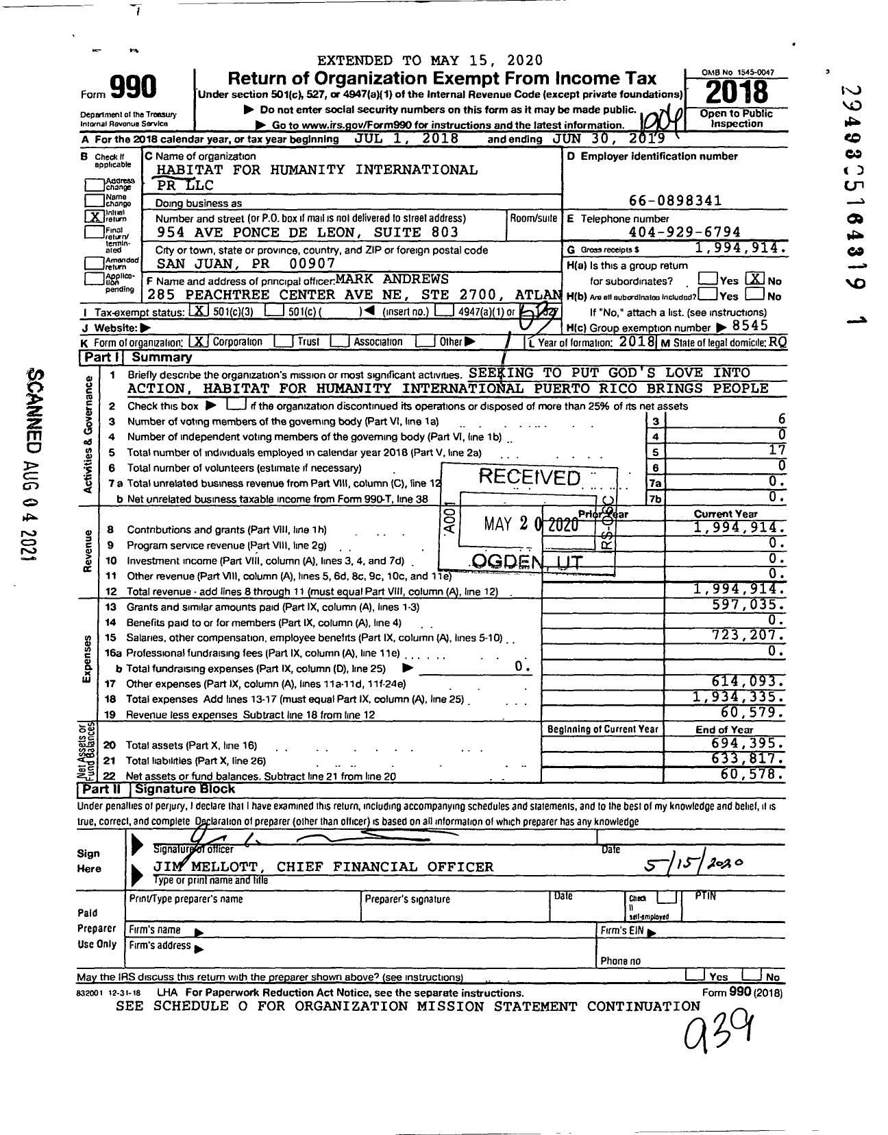 Image of first page of 2018 Form 990 for Habitat for Humanity - Habitat for Humanity International PR LLC