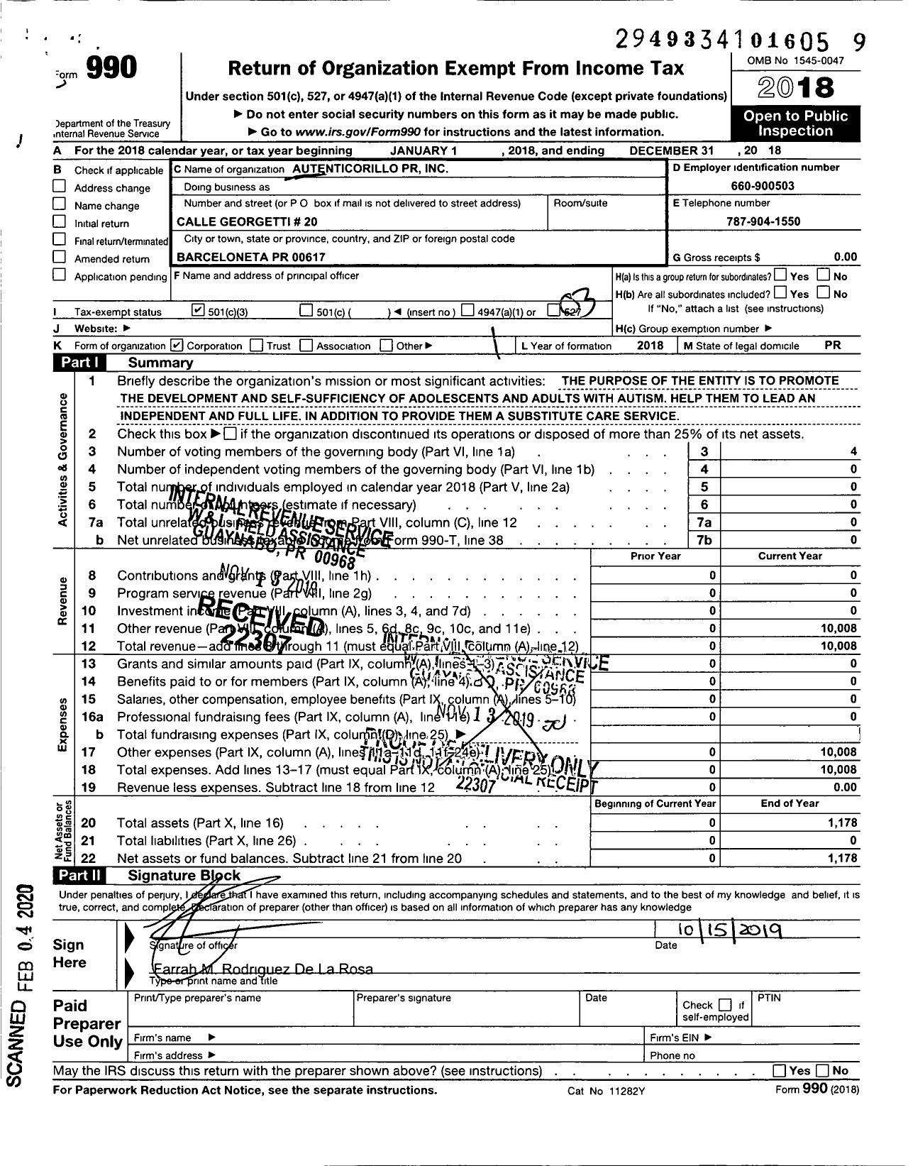 Image of first page of 2018 Form 990 for Autenticorilloprinc