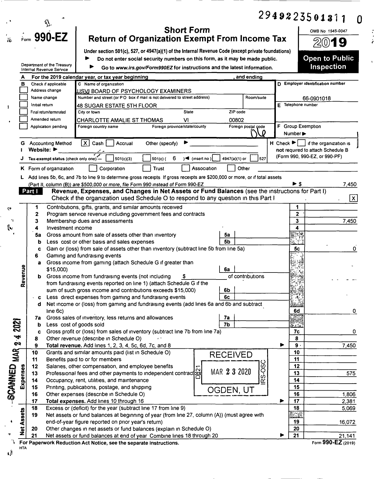 Image of first page of 2019 Form 990EO for Usvi Board of Psychology Examiners