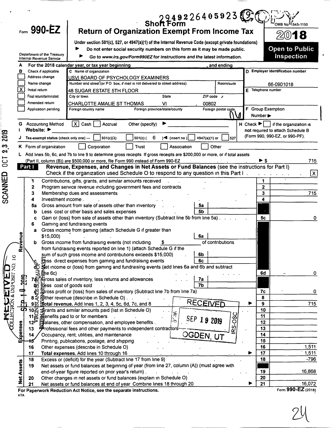 Image of first page of 2018 Form 990EO for Usvi Board of Psychology Examiners