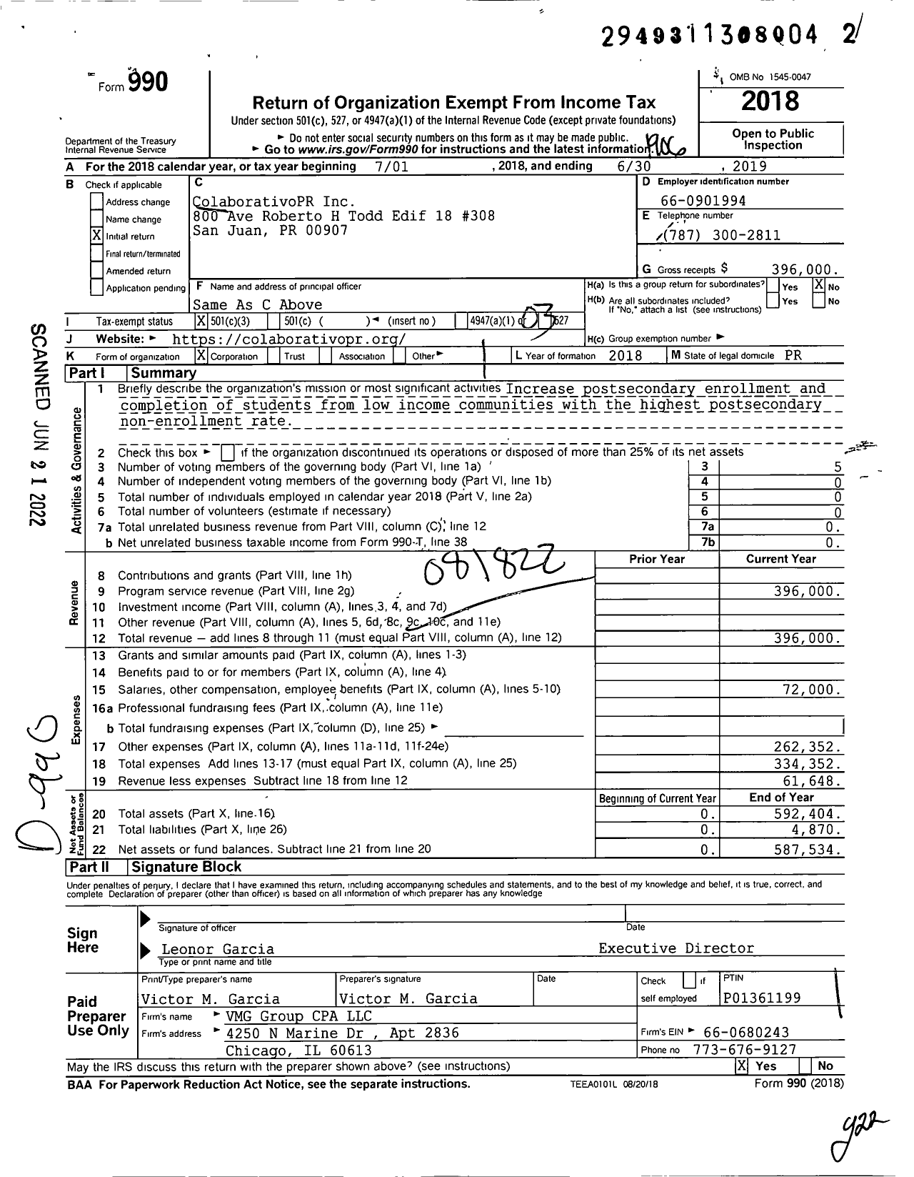 Image of first page of 2018 Form 990 for ColaborativoPR