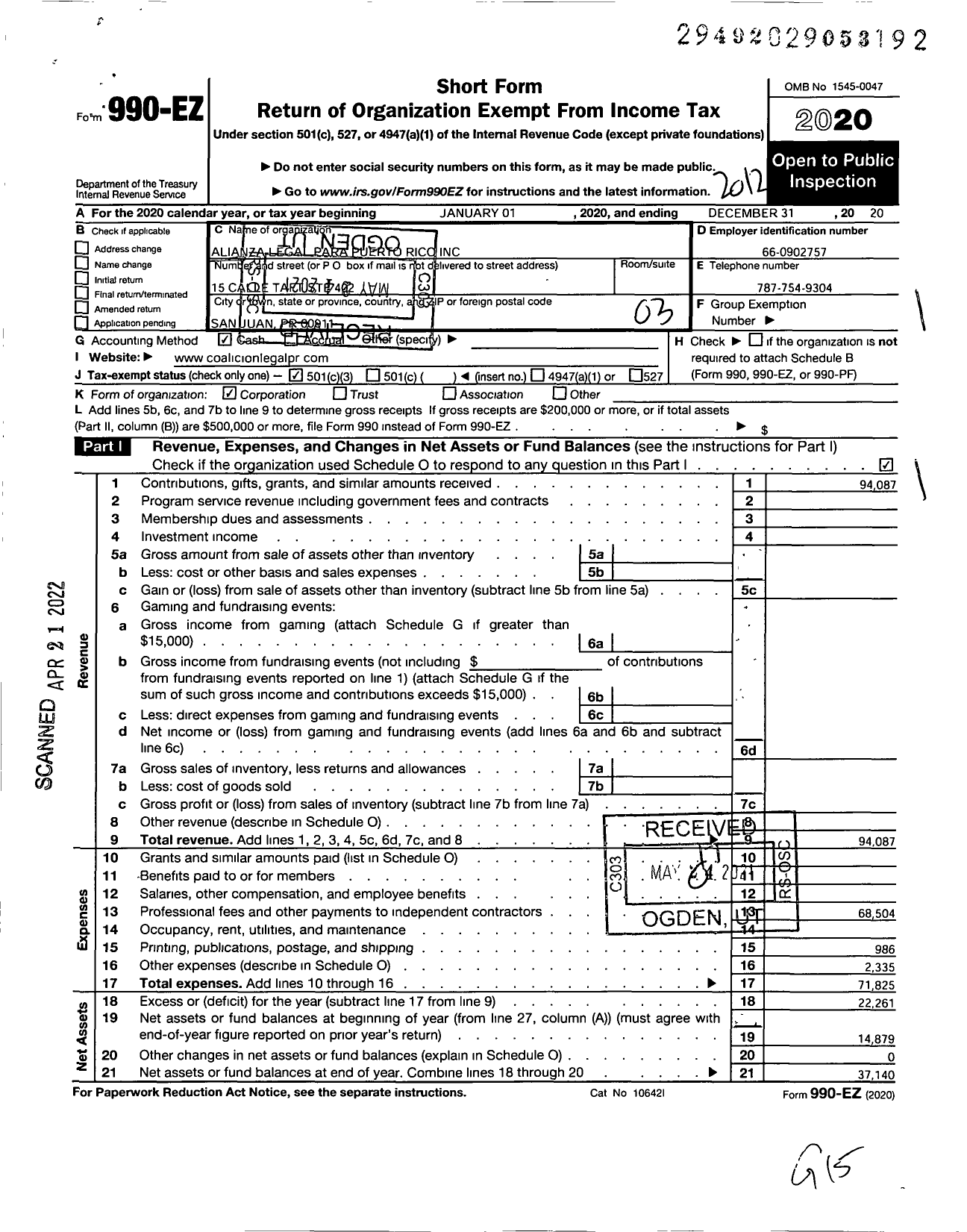 Image of first page of 2020 Form 990EZ for Coalicion Legal Para Puerto Rico