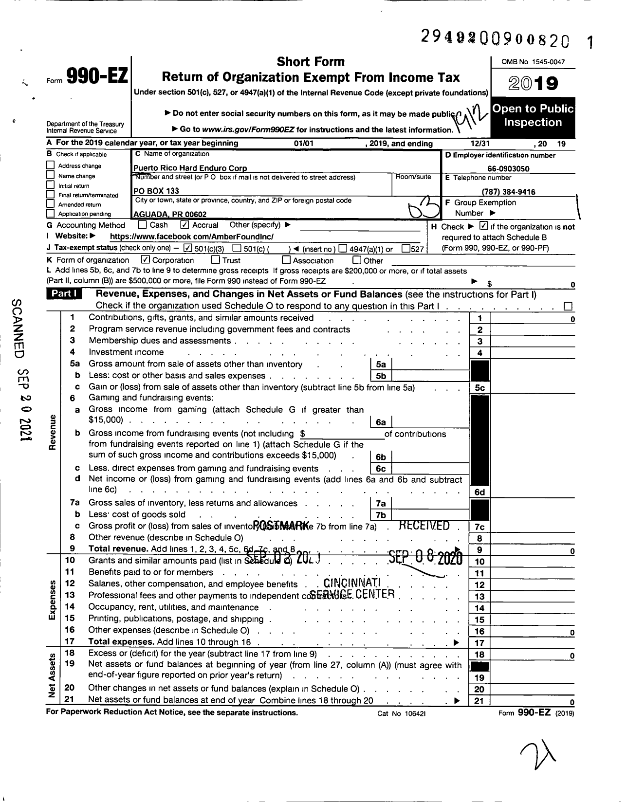 Image of first page of 2019 Form 990EZ for Puerto Rico Hard Enduro Corporation