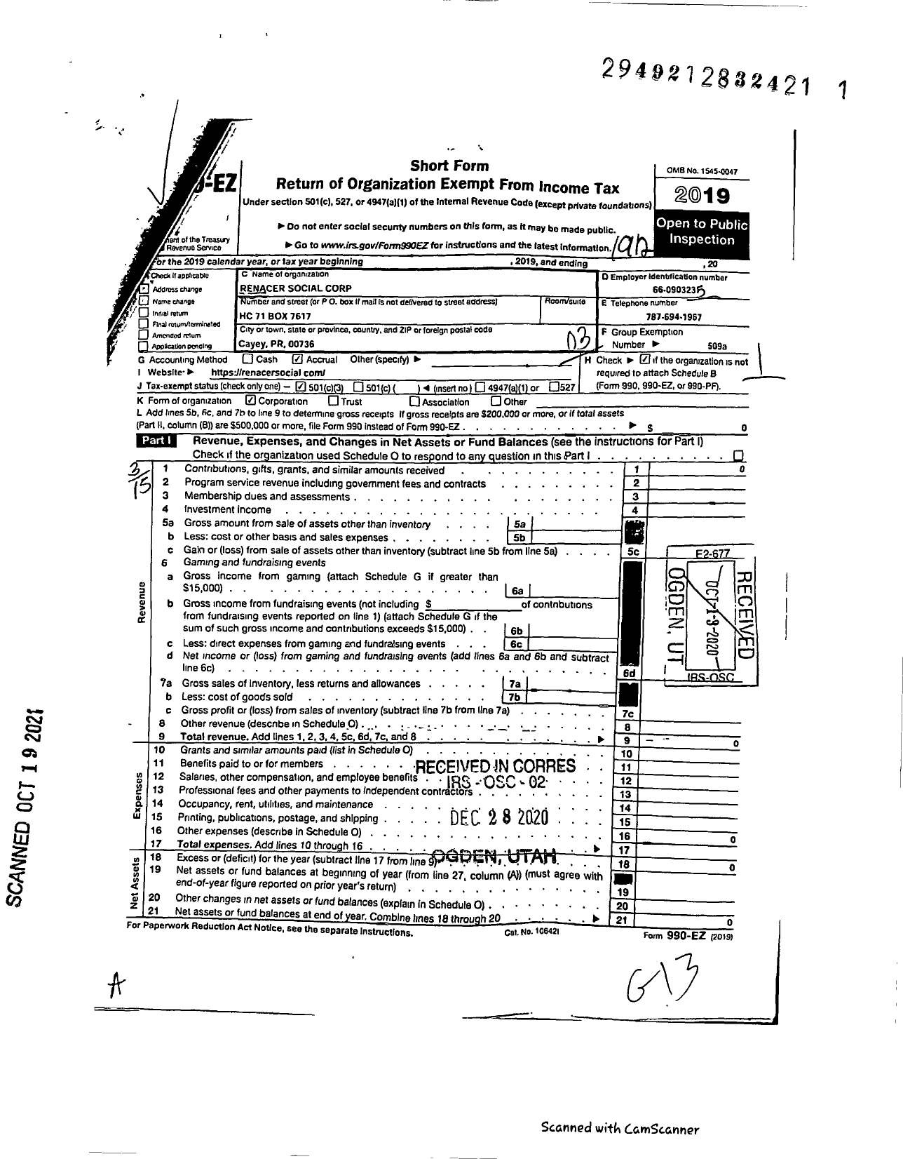 Image of first page of 2019 Form 990EZ for Renacer Social Corporation
