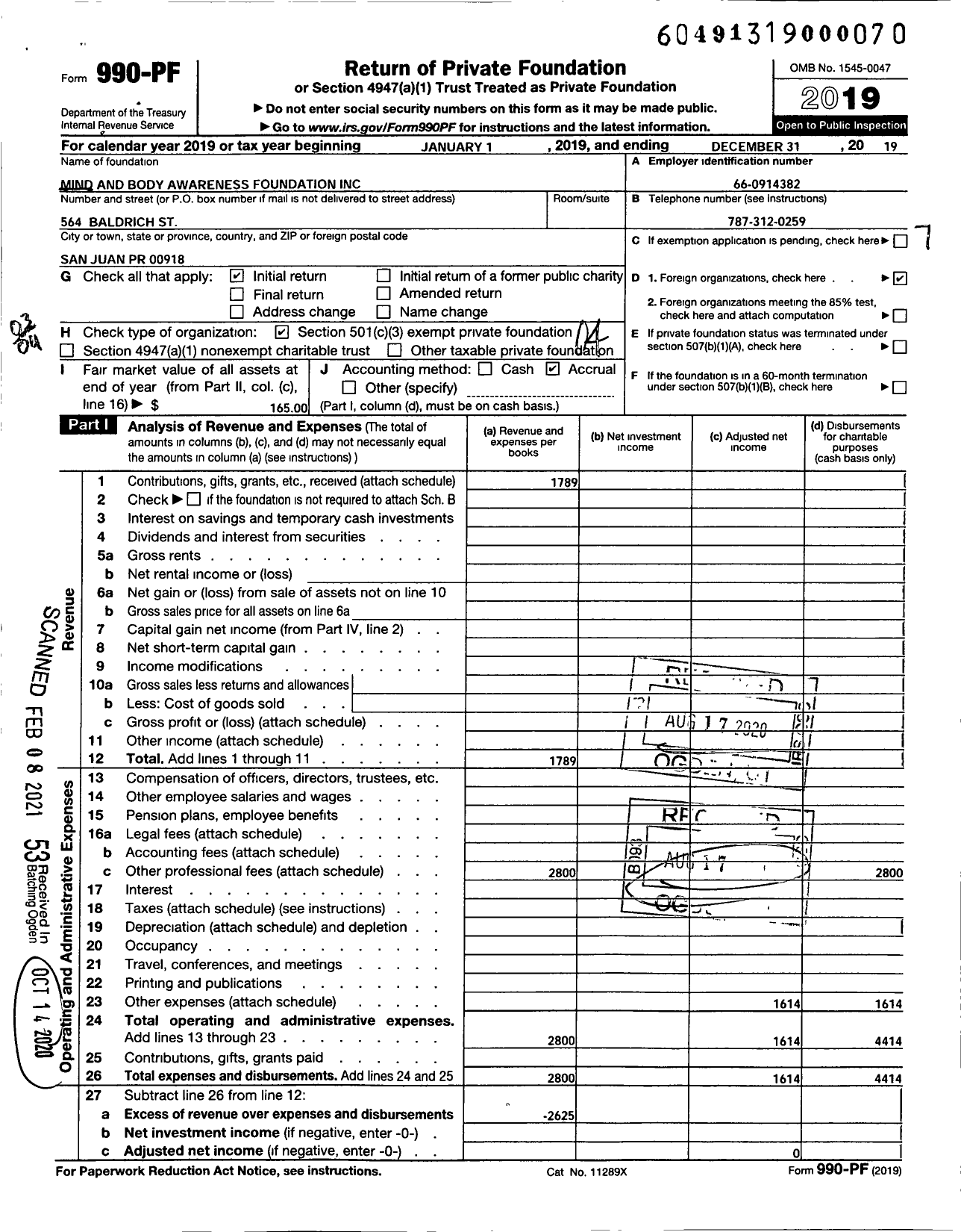 Image of first page of 2019 Form 990PF for Mind and Body Awareness Foundation