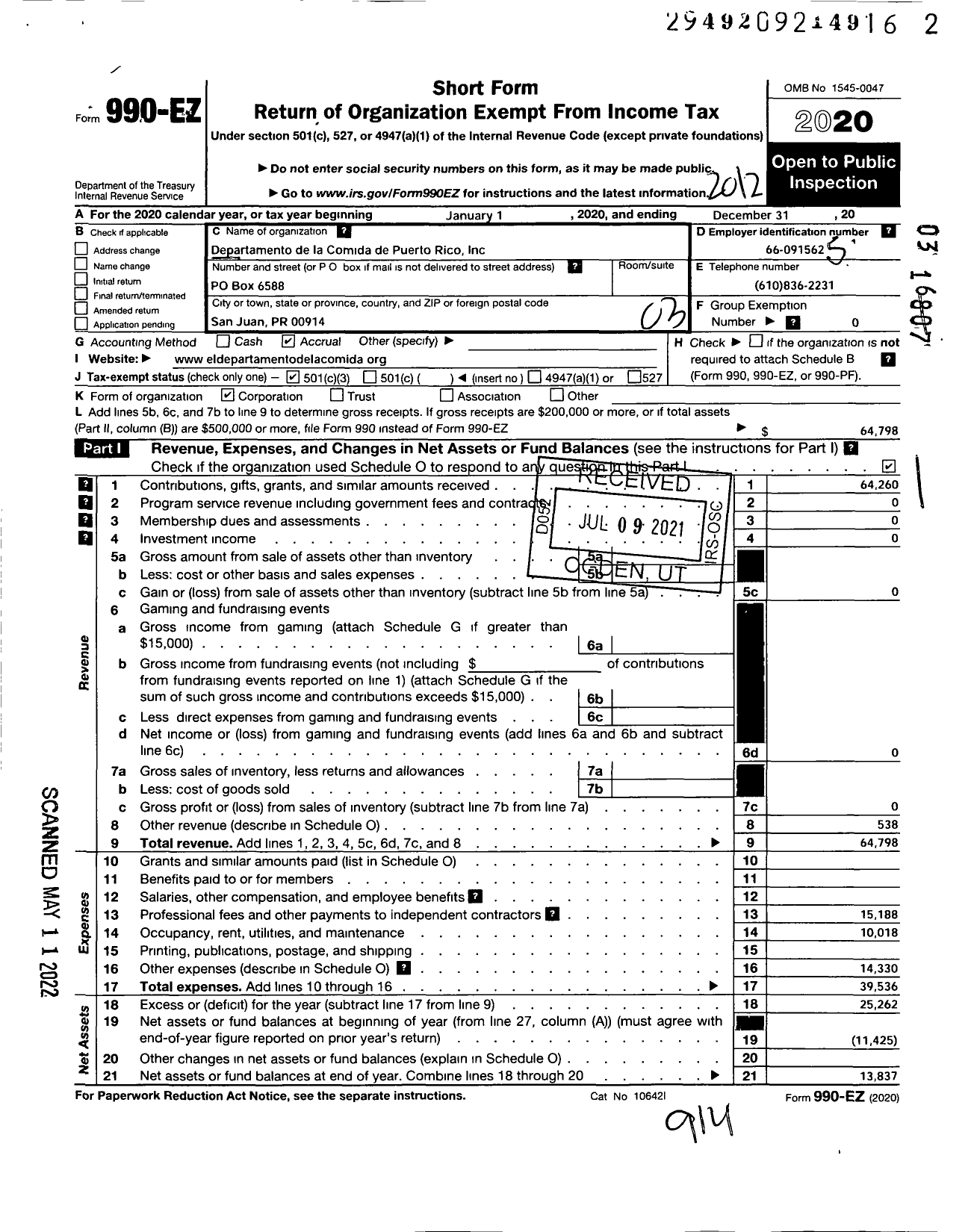 Image of first page of 2020 Form 990EZ for Departamento de La Comida de Puerto Rico