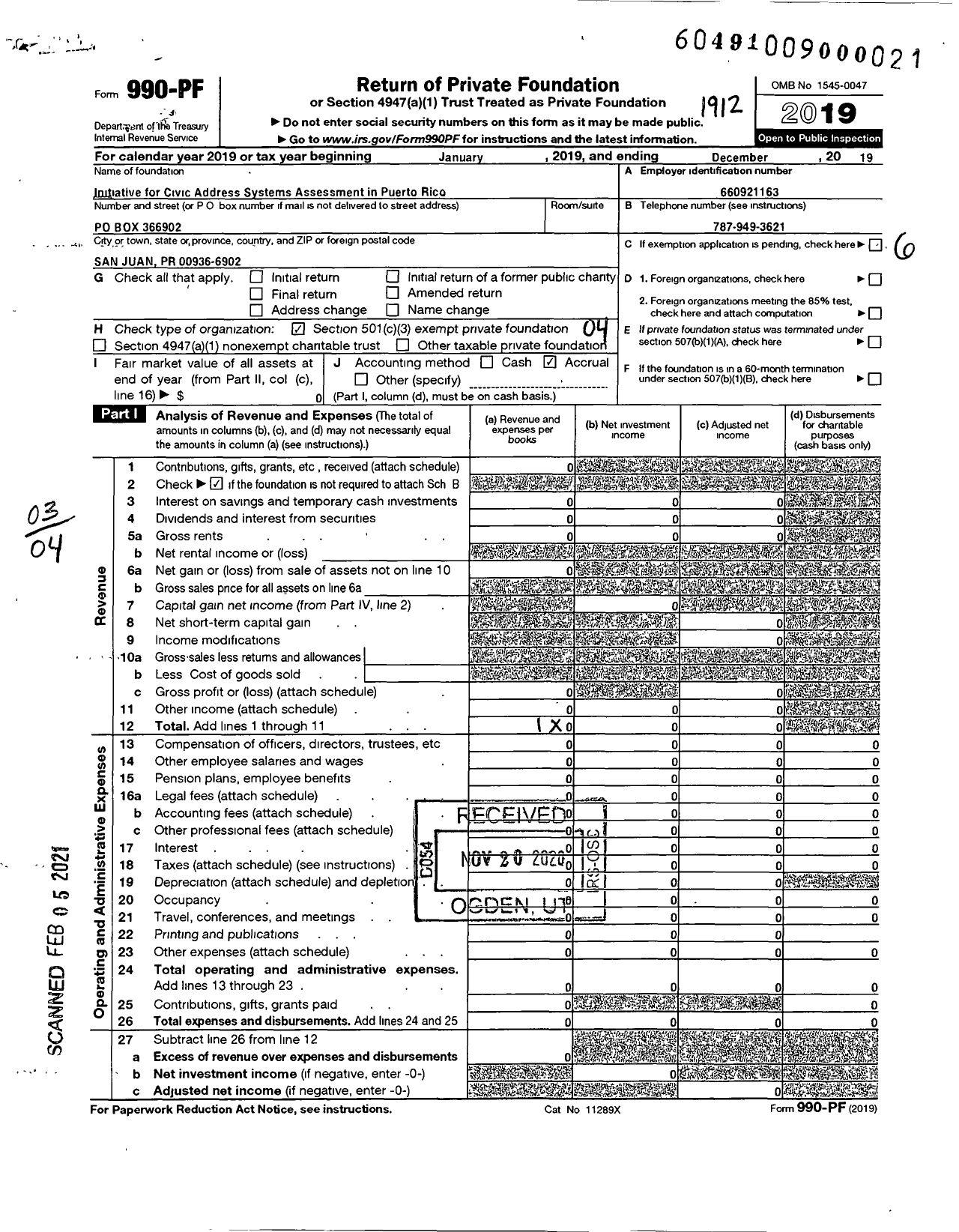 Image of first page of 2019 Form 990PF for Initiative for Civic Address Systems Assessment in Puerto Rico