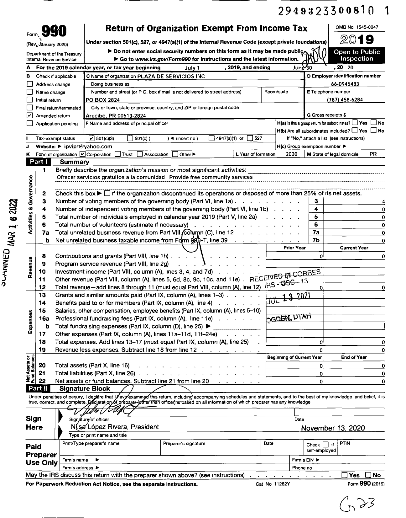Image of first page of 2019 Form 990 for Plaza de Servicios