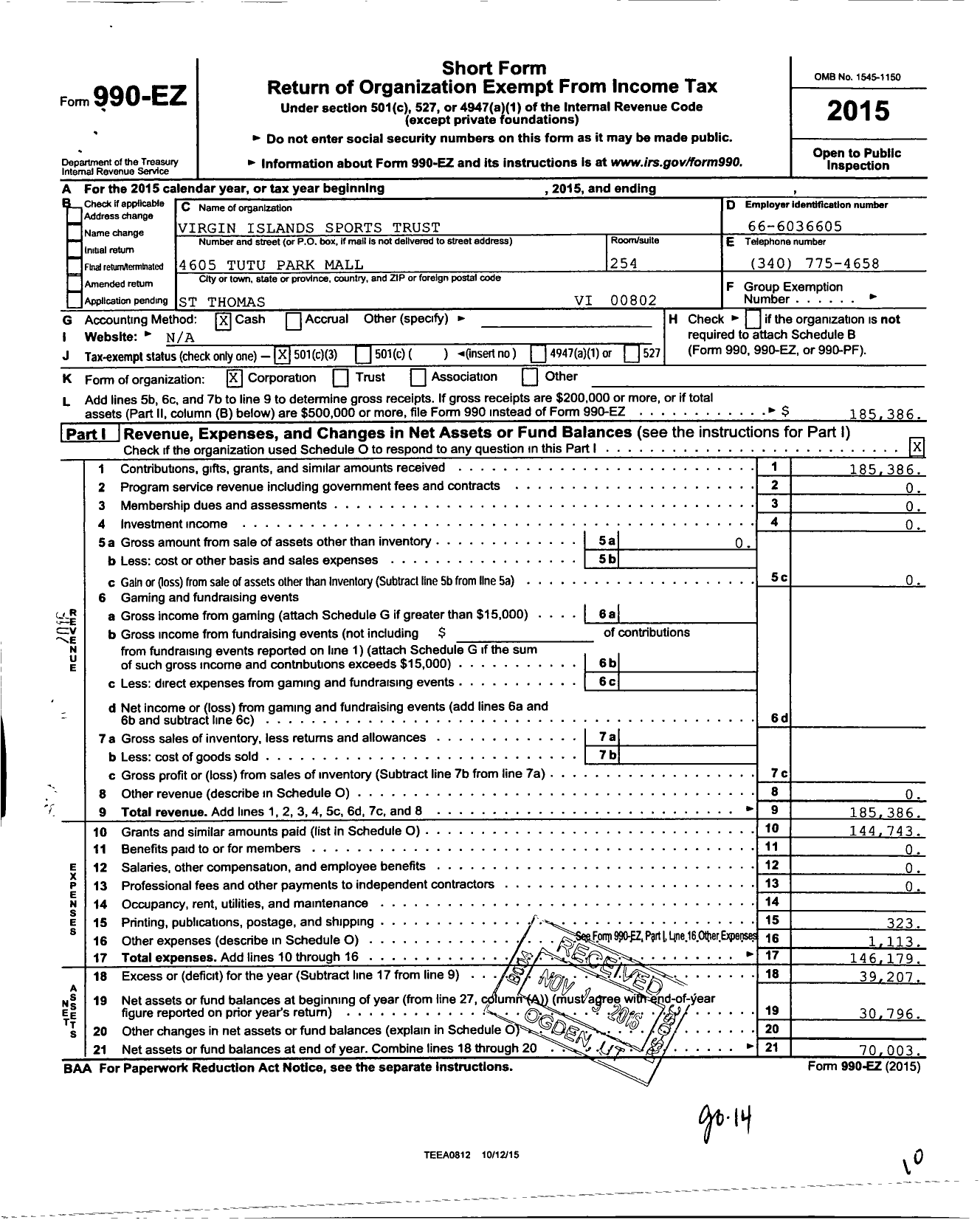 Image of first page of 2015 Form 990EZ for Virgin Islands Sports Trust