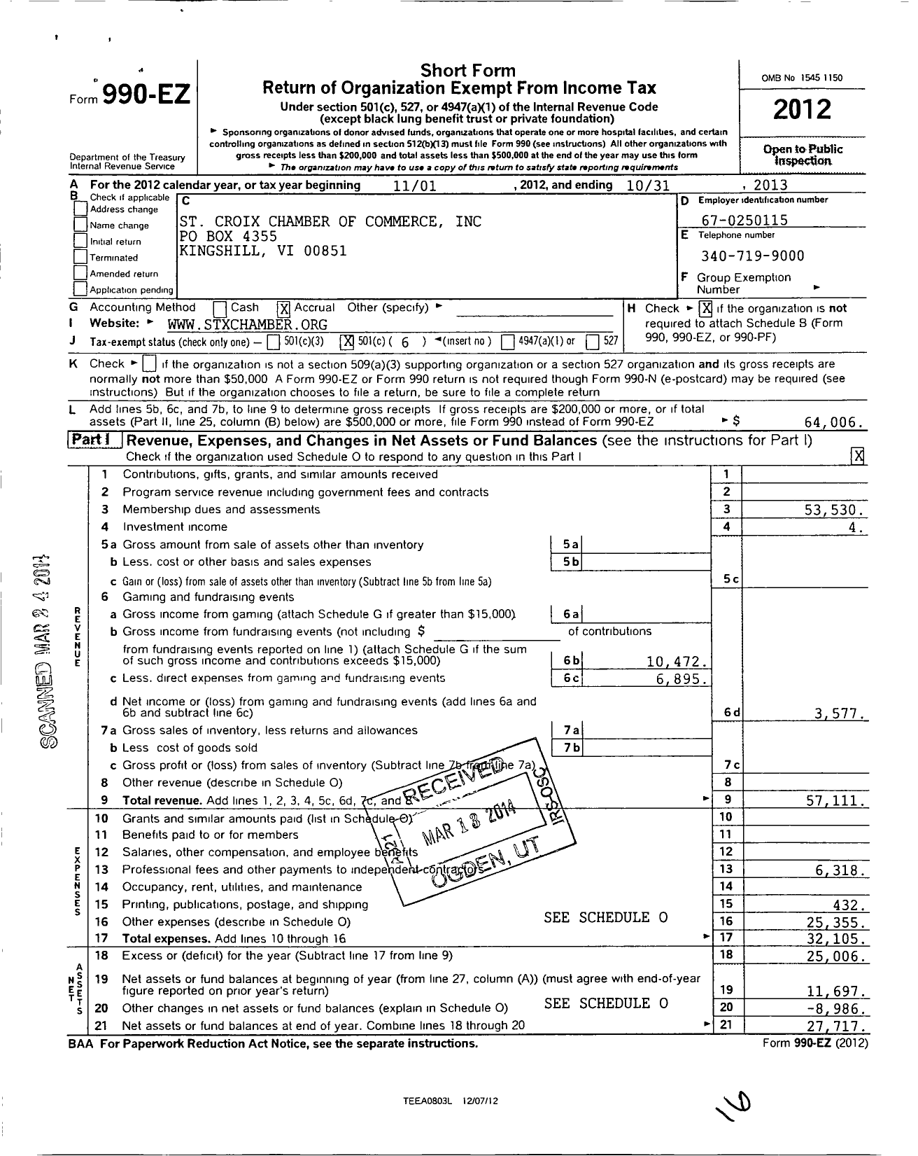 Image of first page of 2012 Form 990EO for St Croix Chamber of Commerce