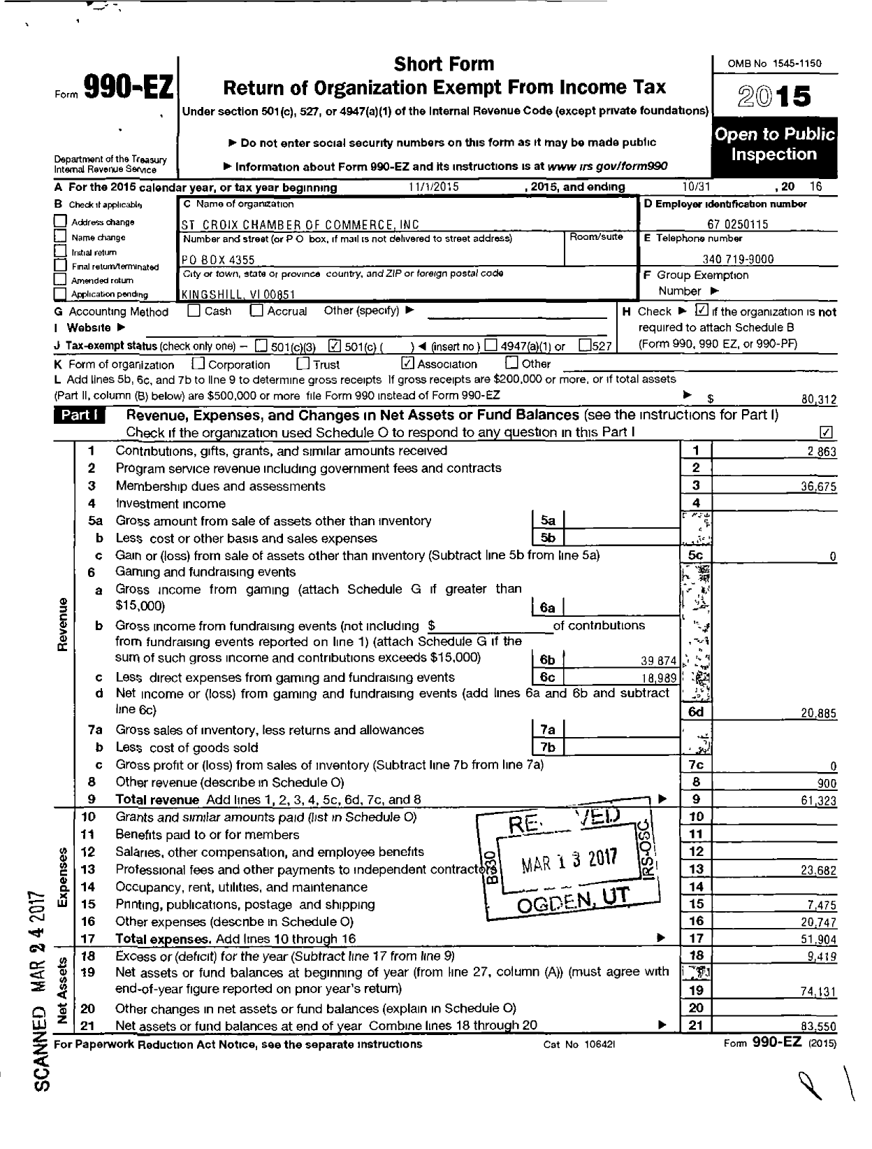 Image of first page of 2015 Form 990EO for St Croix Chamber of Commerce