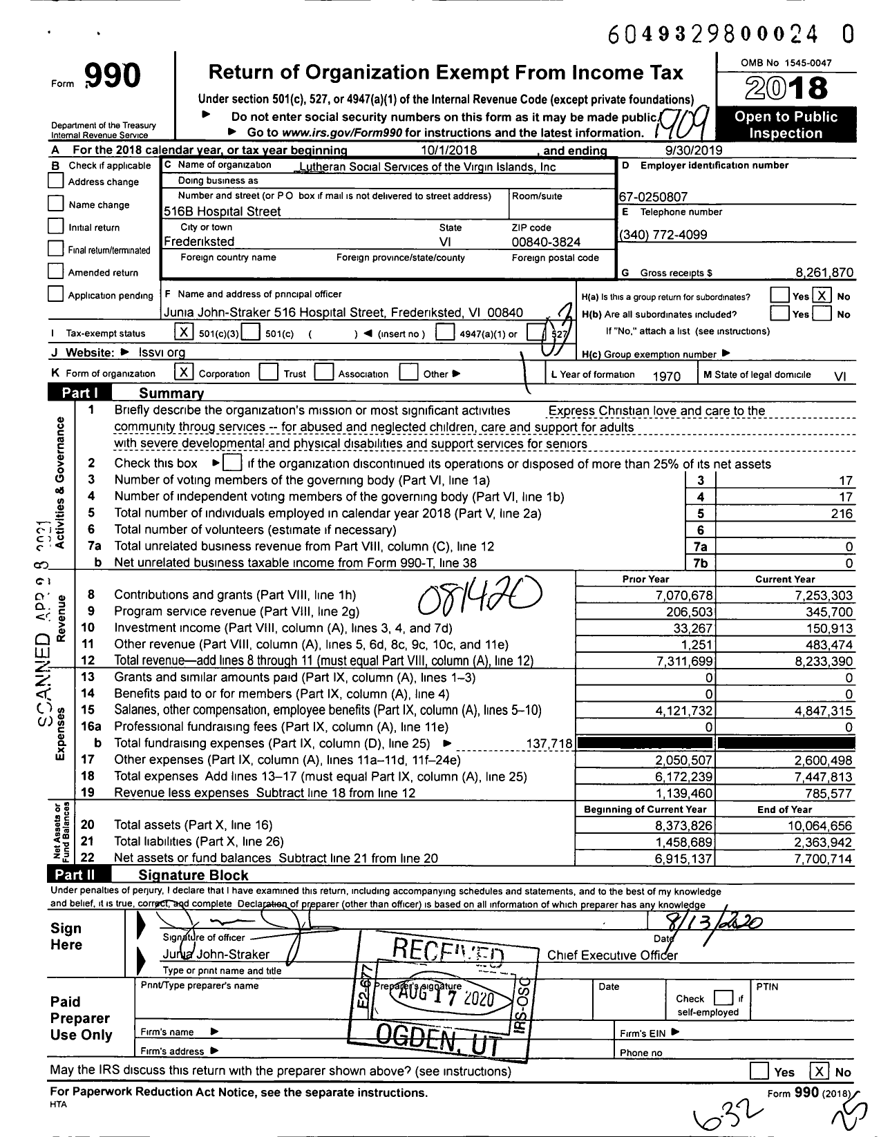 Image of first page of 2018 Form 990 for Lutheran Social Services of the Virgin Islands