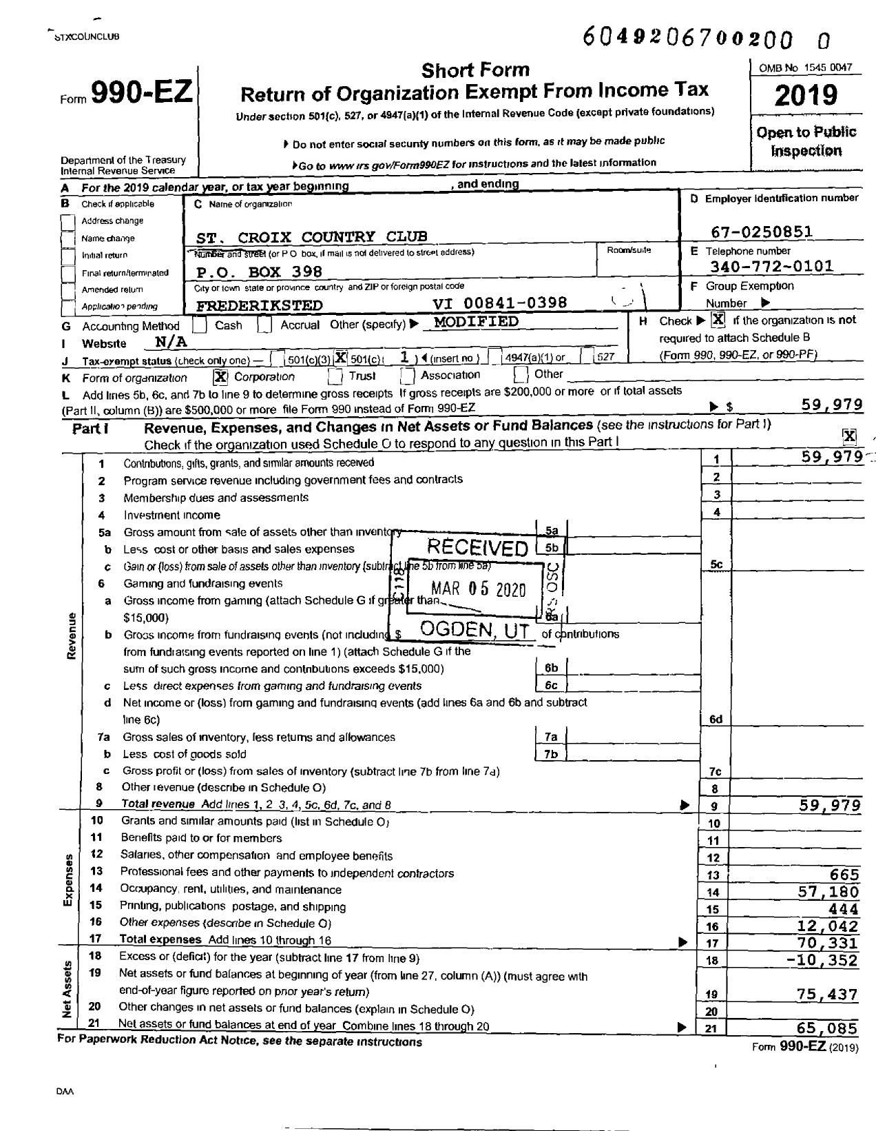Image of first page of 2019 Form 990EO for St Croix Country Club