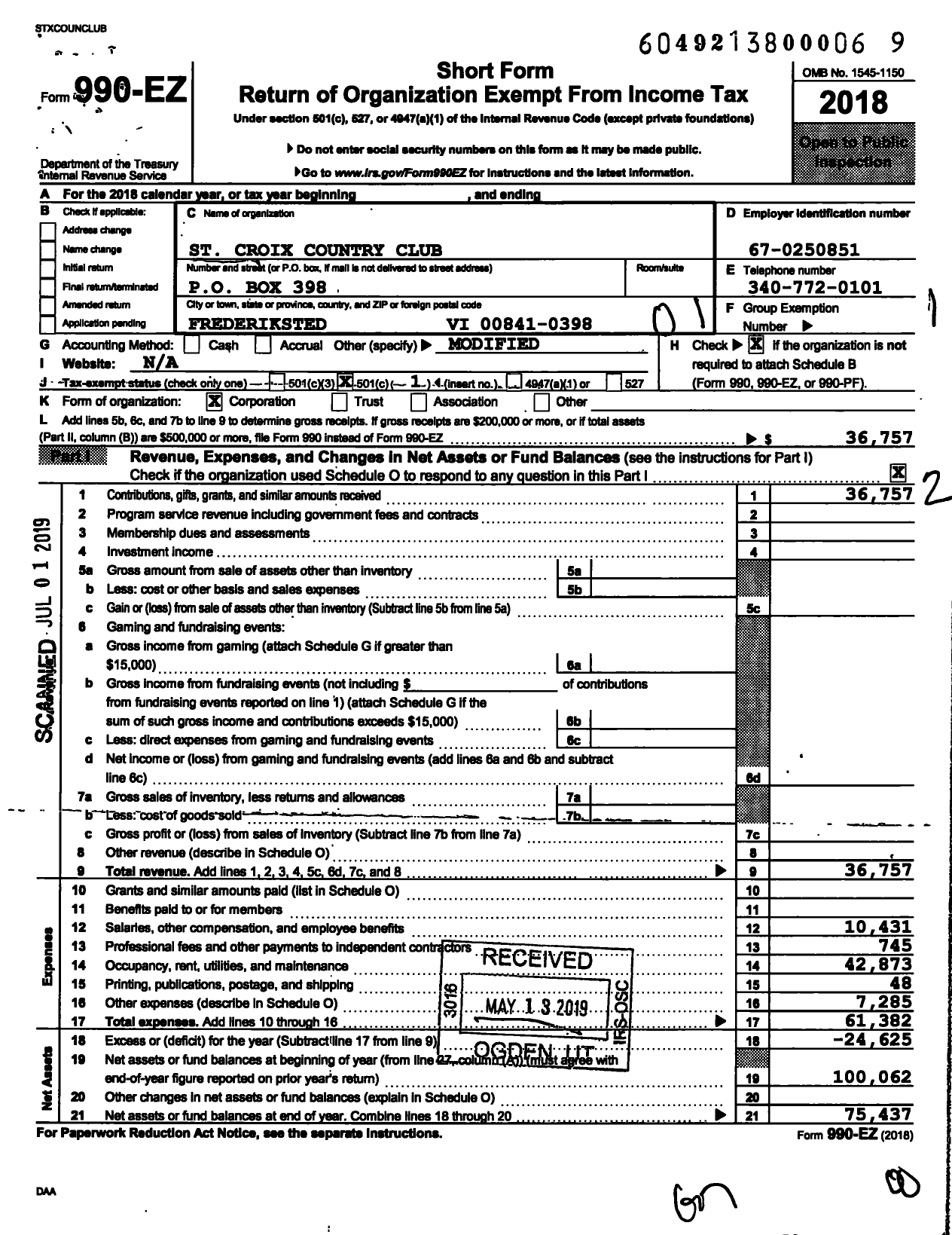 Image of first page of 2018 Form 990EO for St Croix Country Club