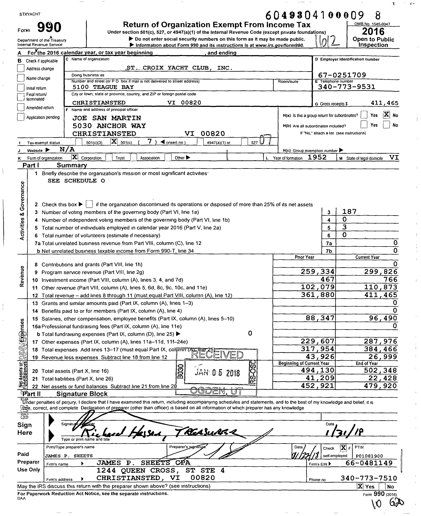 Image of first page of 2016 Form 990O for St Croix Yacht Club