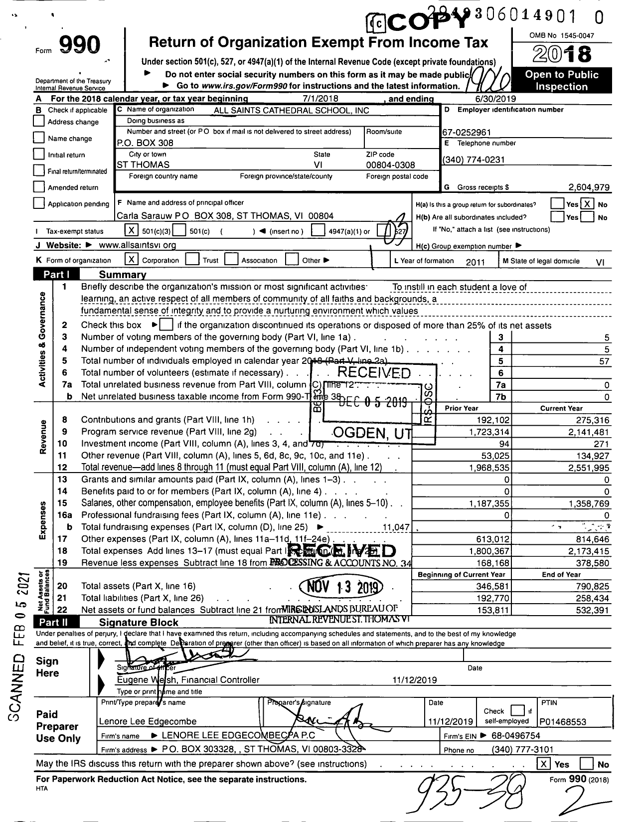 Image of first page of 2018 Form 990 for All Saints Cathedral School