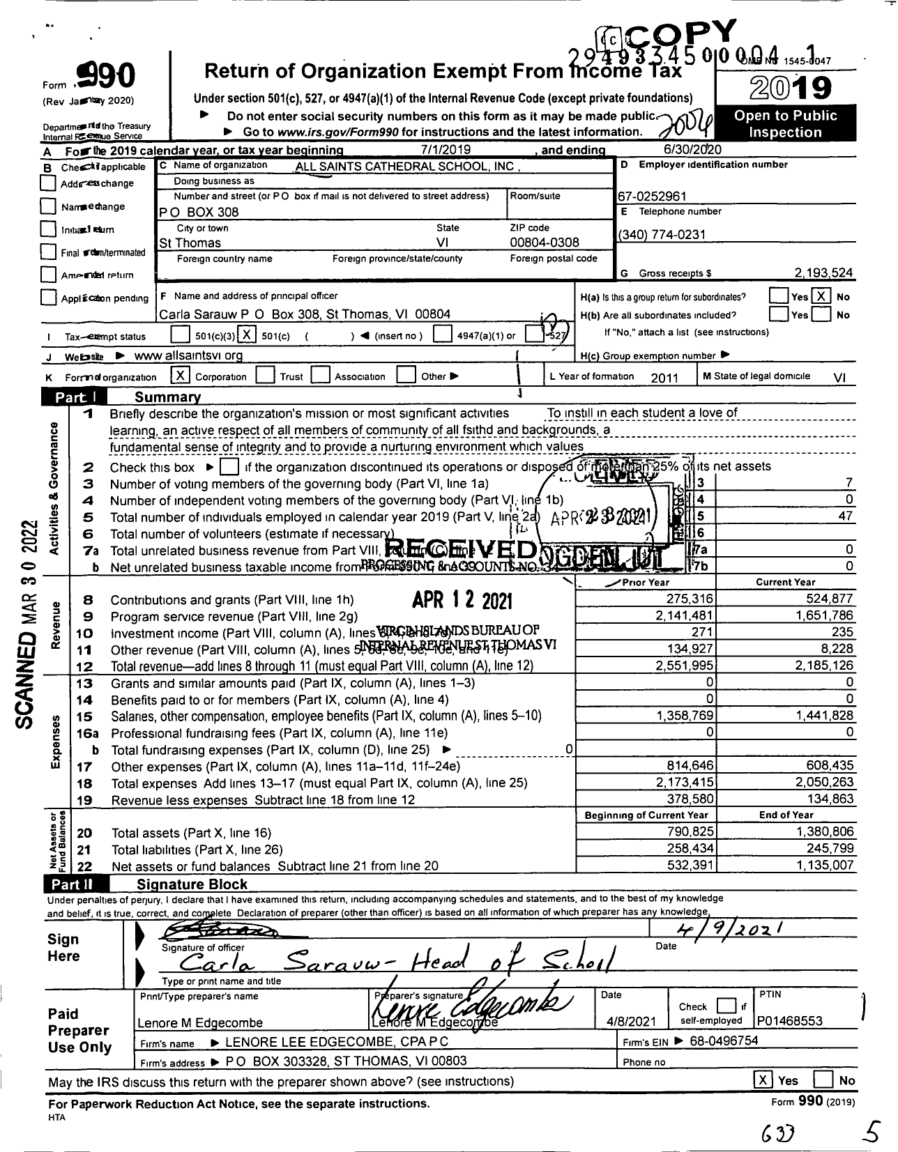 Image of first page of 2019 Form 990 for All Saints Cathedral School