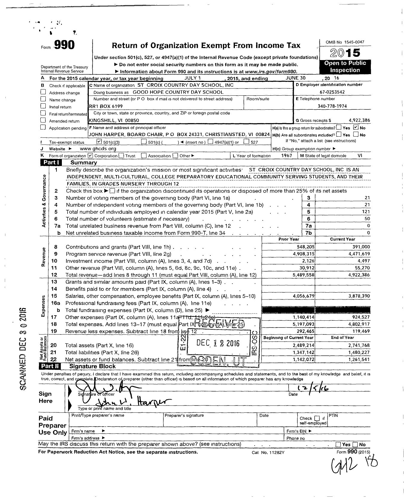 Image of first page of 2015 Form 990 for Good Hope Country Day School