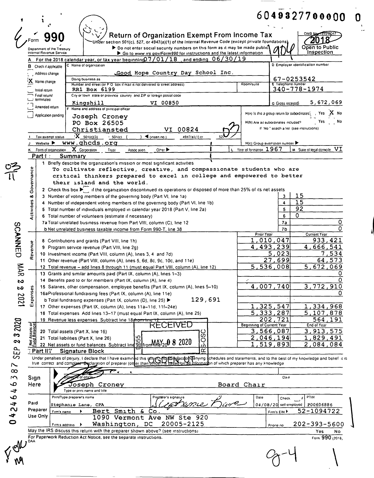 Image of first page of 2018 Form 990 for Good Hope Country Day School