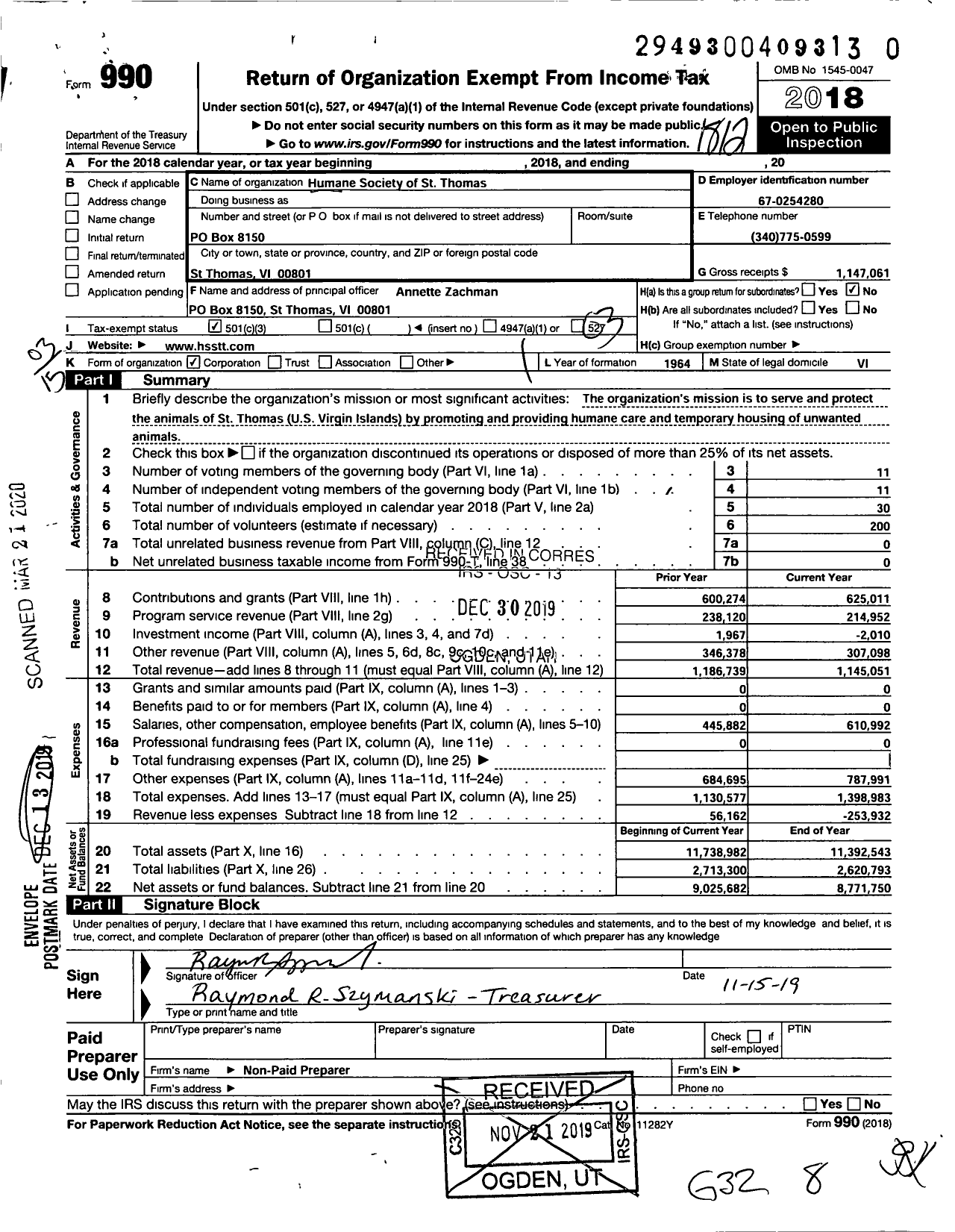 Image of first page of 2018 Form 990 for Humane Society of St Thomas