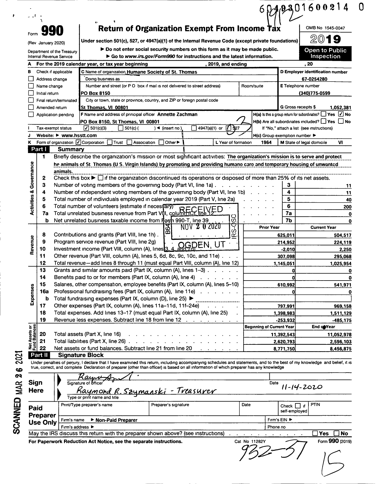 Image of first page of 2019 Form 990 for Humane Society of St Thomas