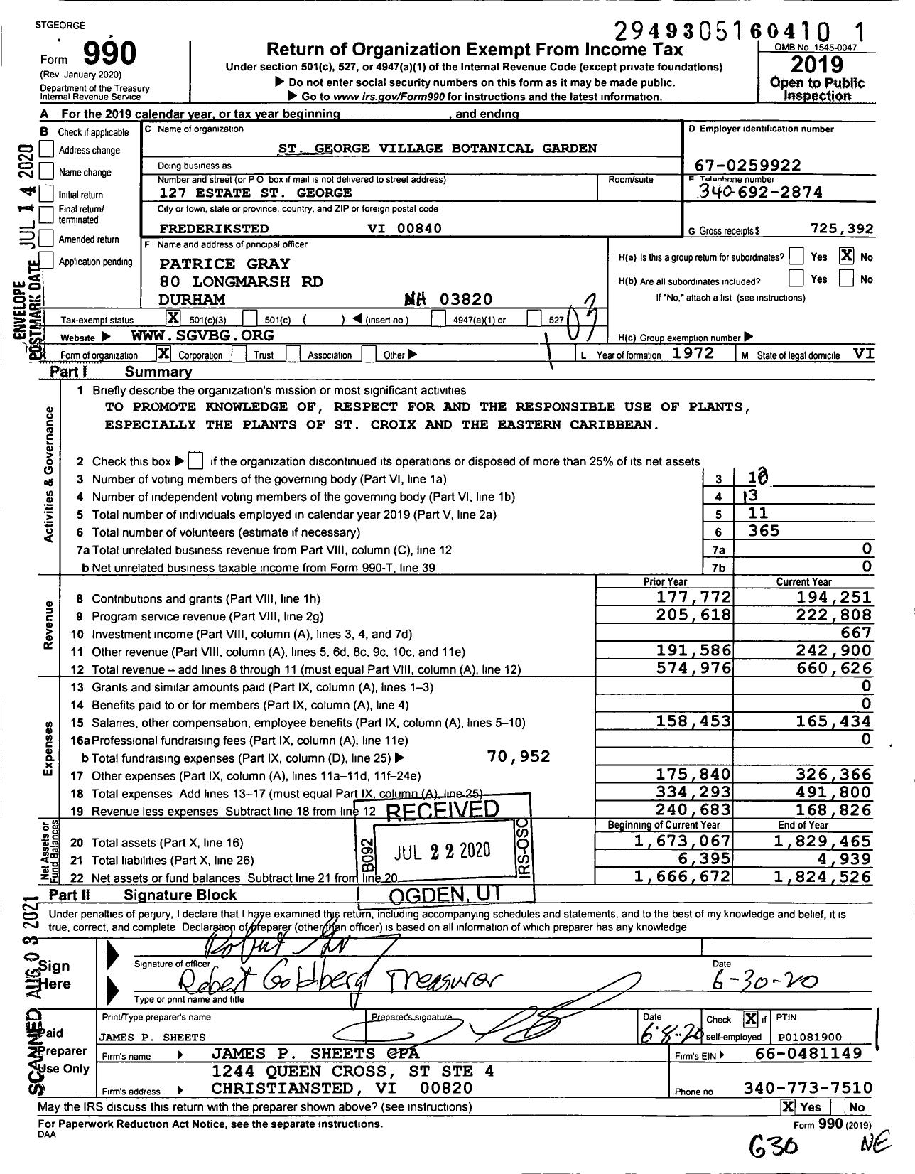 Image of first page of 2019 Form 990 for The St George Village Botanical Garden of St Croix