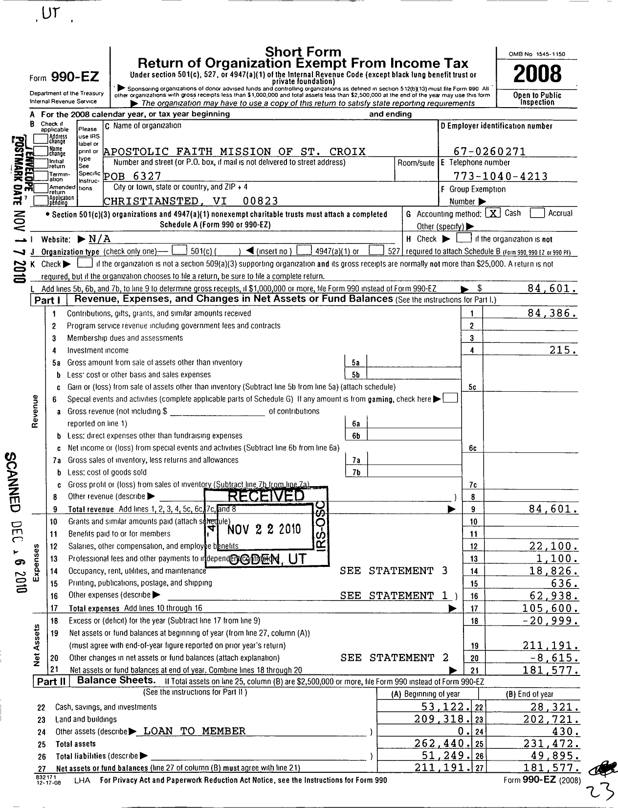 Image of first page of 2008 Form 990EO for Apostolic Faith Mission of St Croix