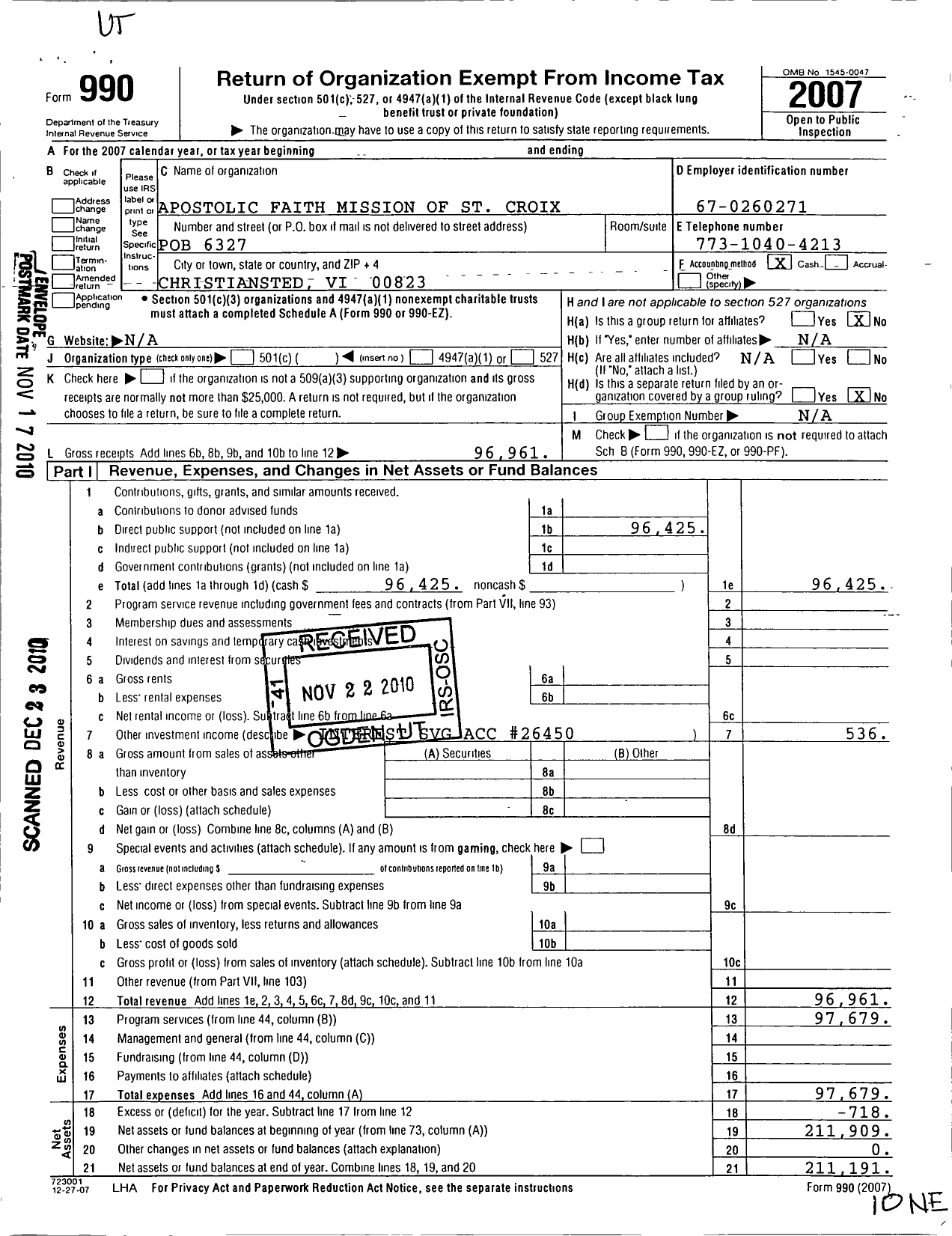 Image of first page of 2007 Form 990O for Apostolic Faith Mission of St Croix