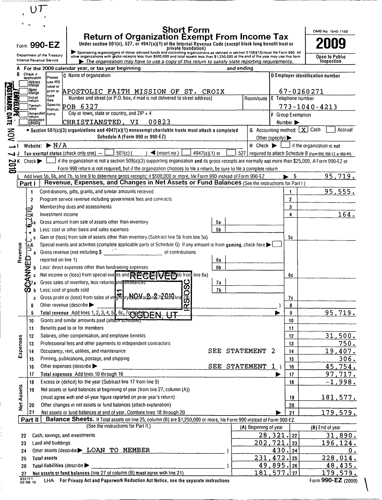 Image of first page of 2009 Form 990EO for Apostolic Faith Mission of St Croix