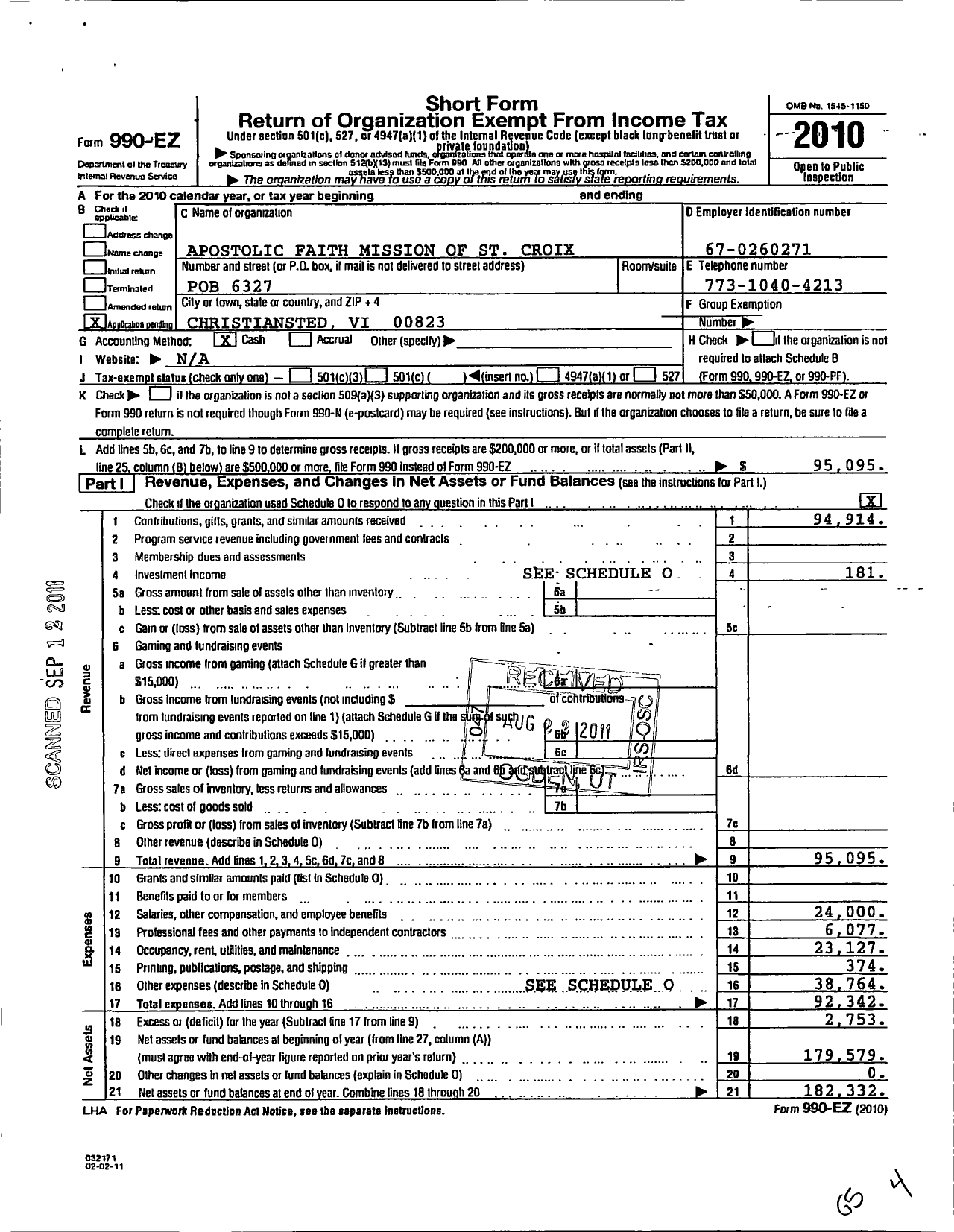 Image of first page of 2010 Form 990EO for Apostolic Faith Mission of St Croix