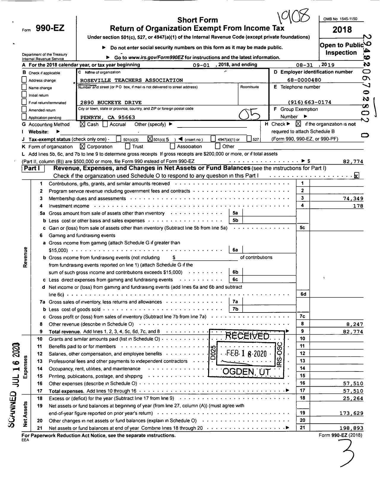 Image of first page of 2018 Form 990EO for California Teachers Association - Roseville Teachers Assoc