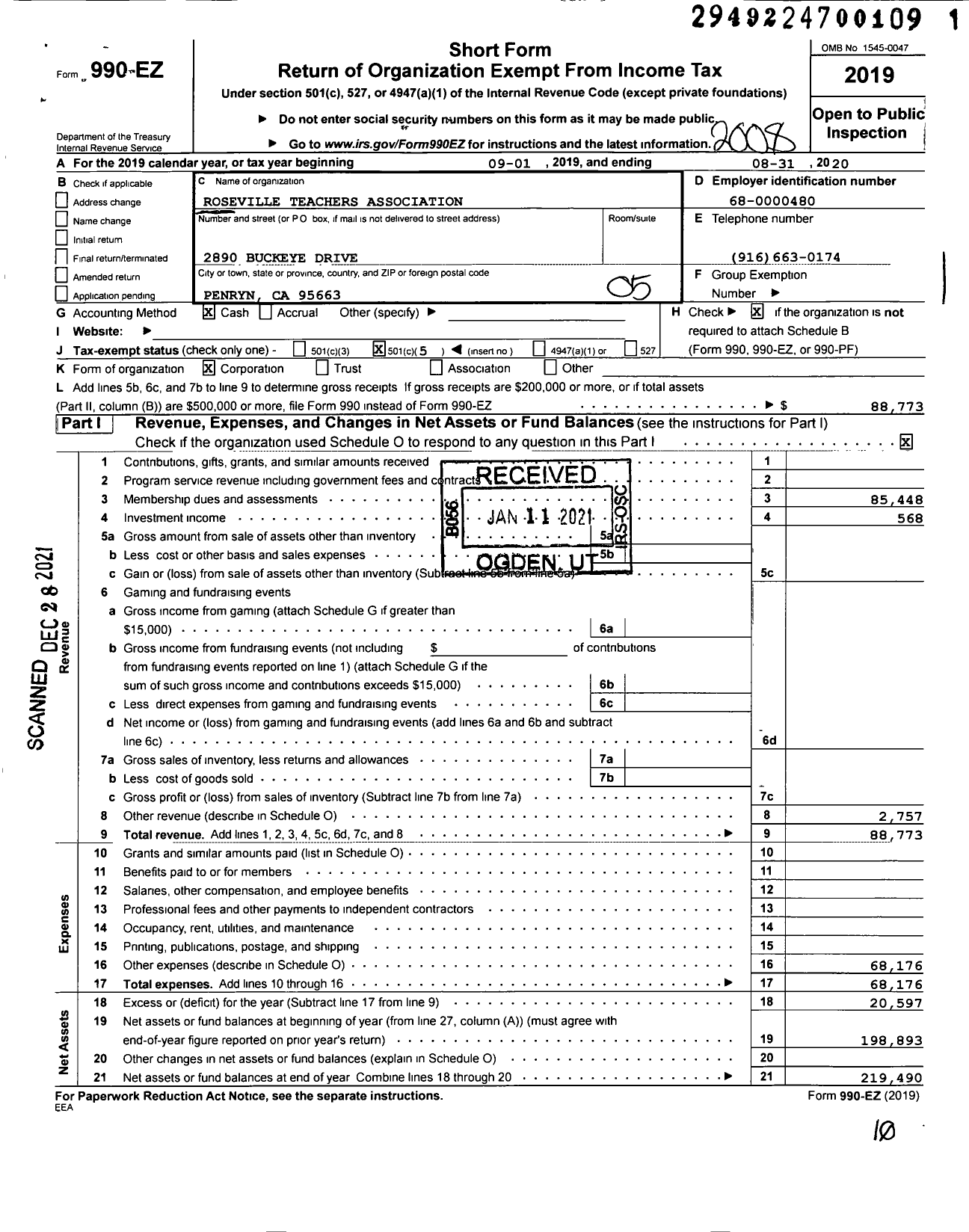 Image of first page of 2019 Form 990EO for California Teachers Association - Roseville Teachers Assoc