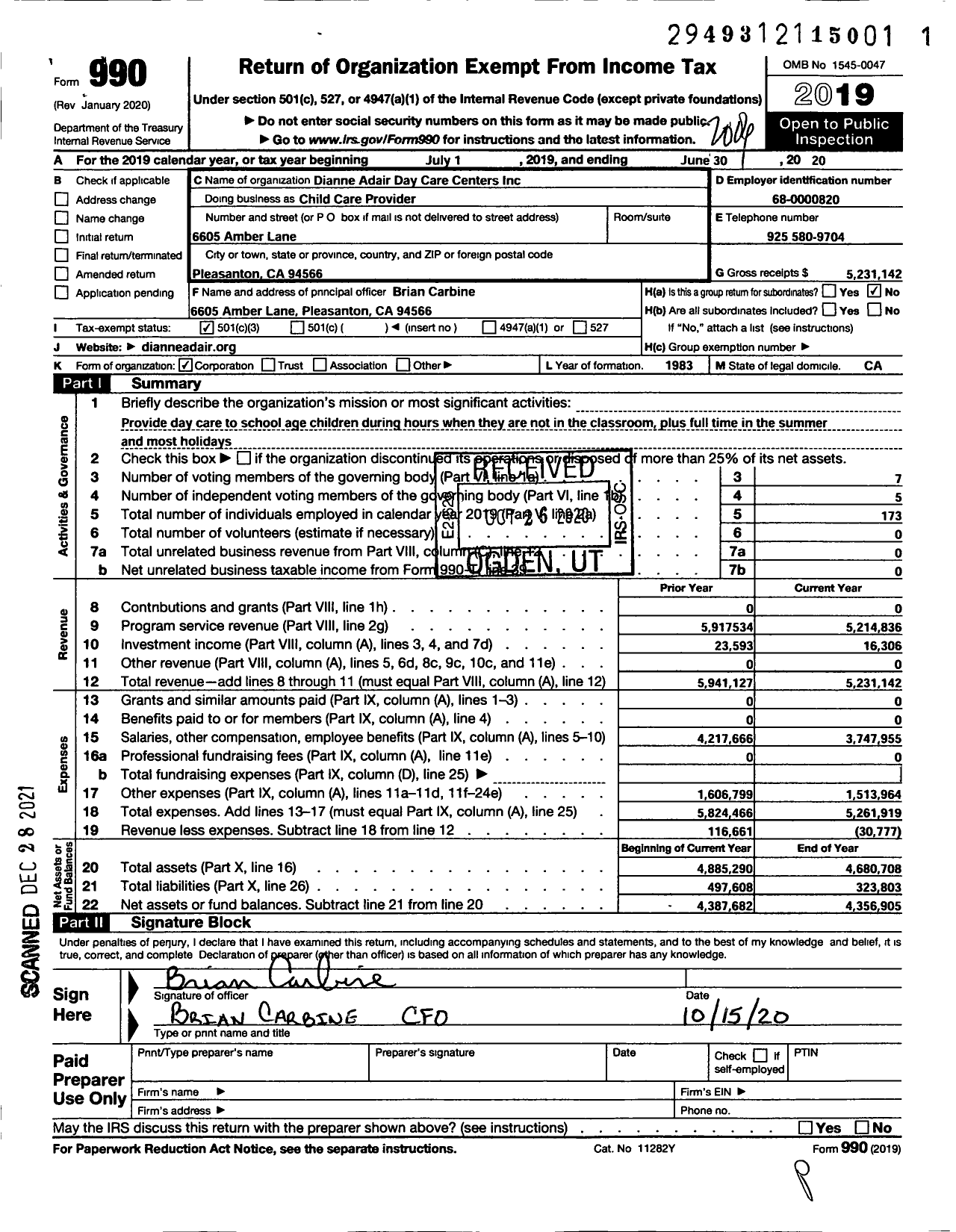 Image of first page of 2019 Form 990 for Child Care Provider