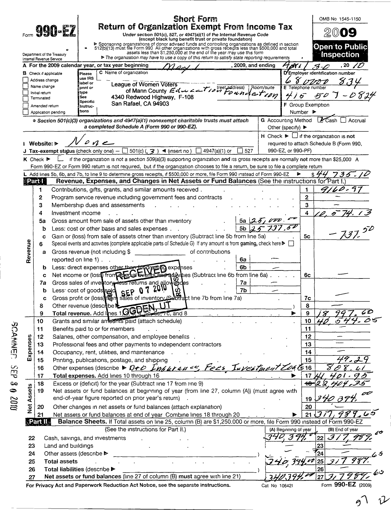 Image of first page of 2009 Form 990EZ for League of Women Voters of Marin County Education Foundation