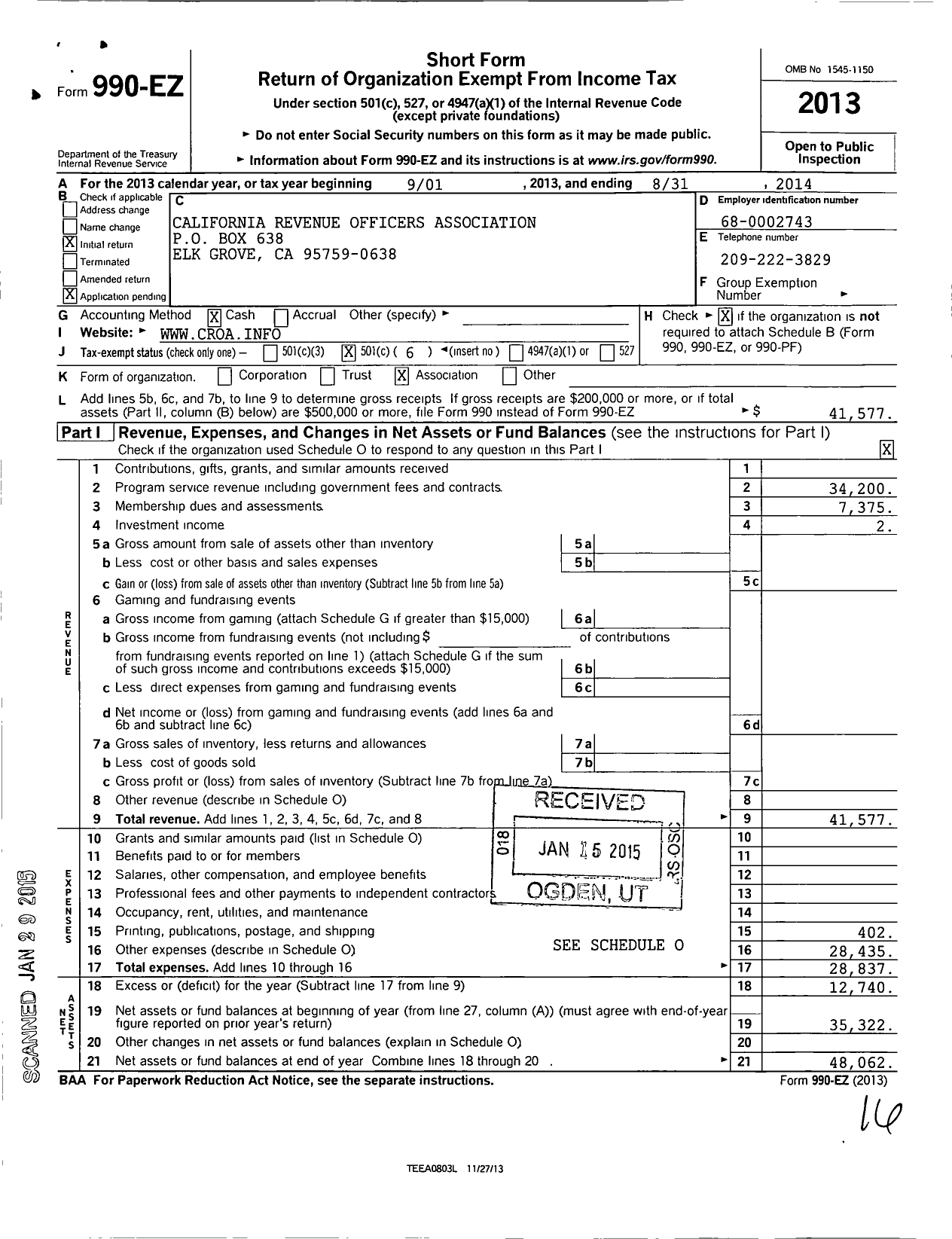 Image of first page of 2013 Form 990EO for California Revenue Officers Association