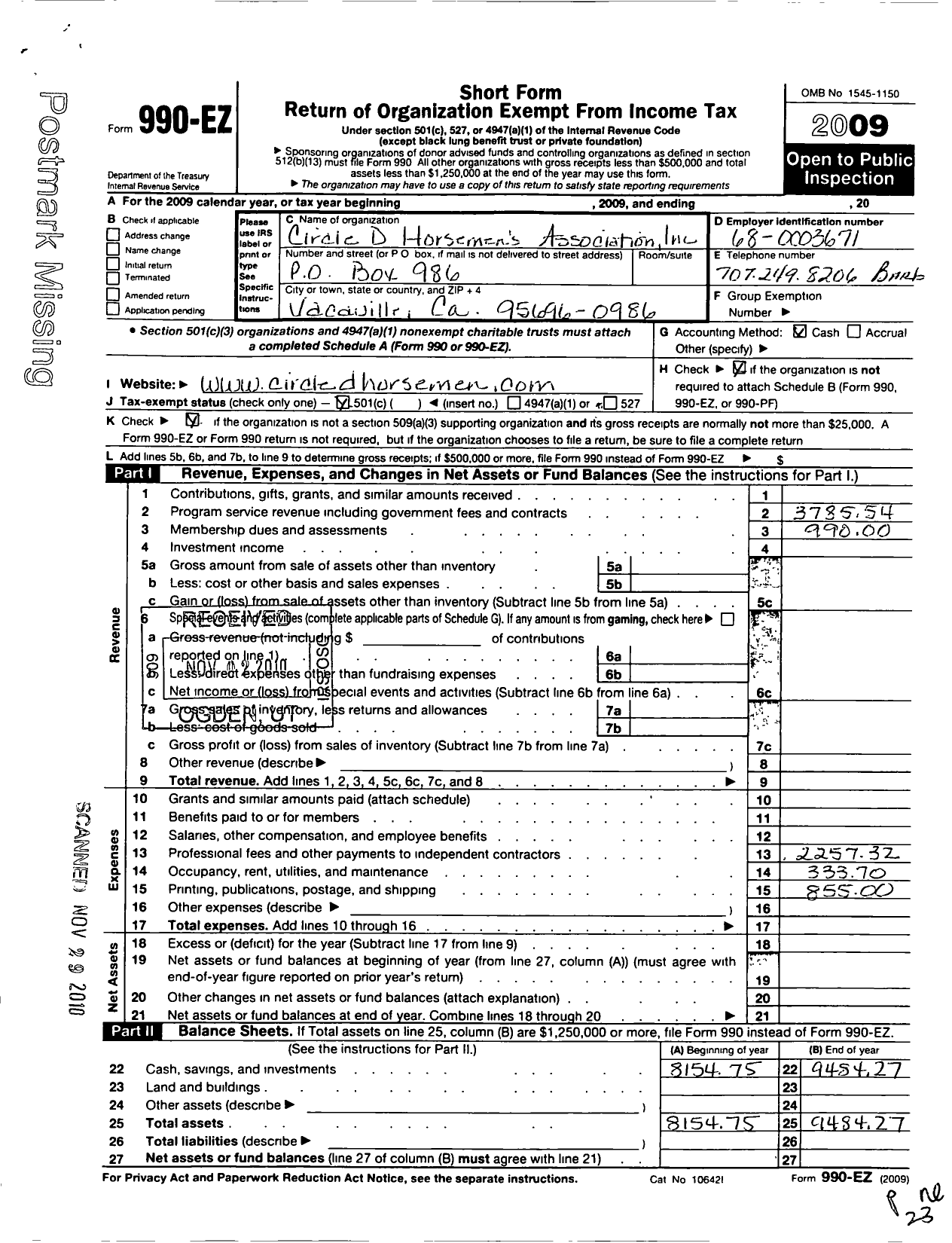 Image of first page of 2009 Form 990EO for Circle D Horsemens Association