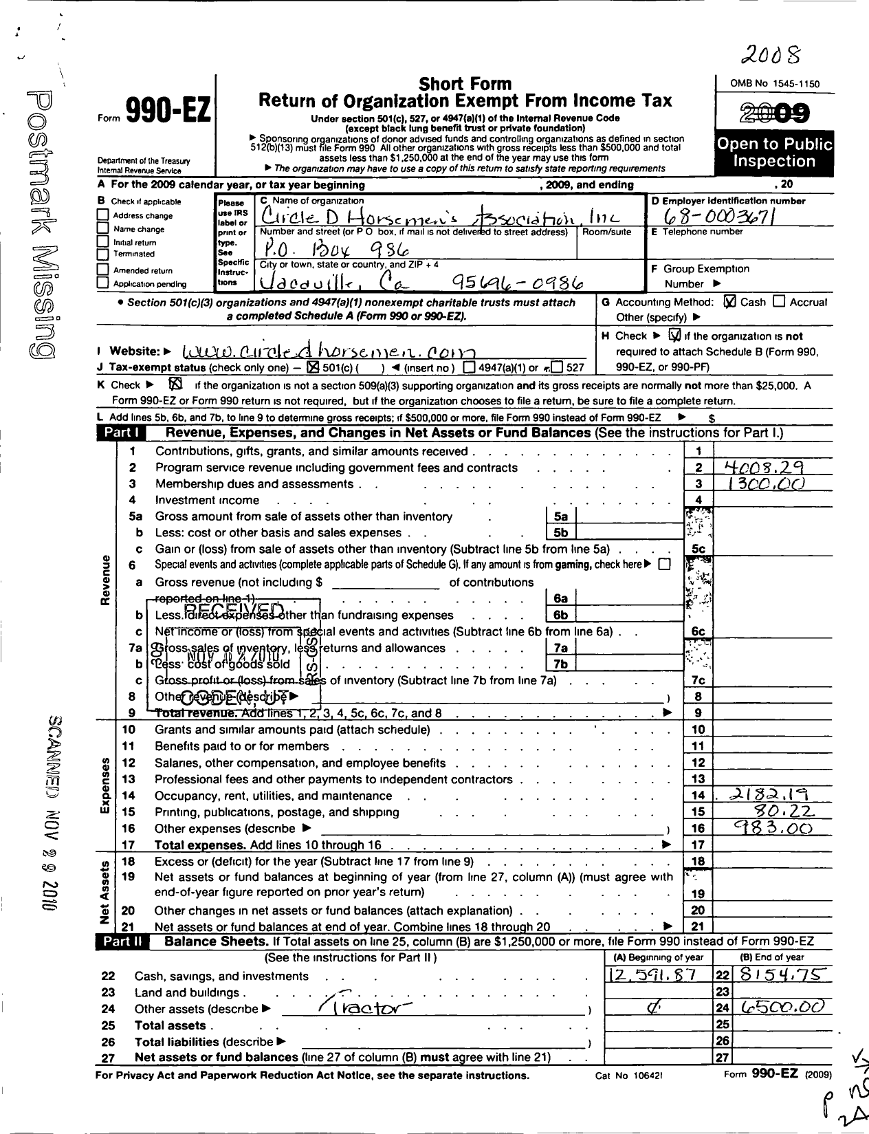 Image of first page of 2008 Form 990EO for Circle D Horsemens Association