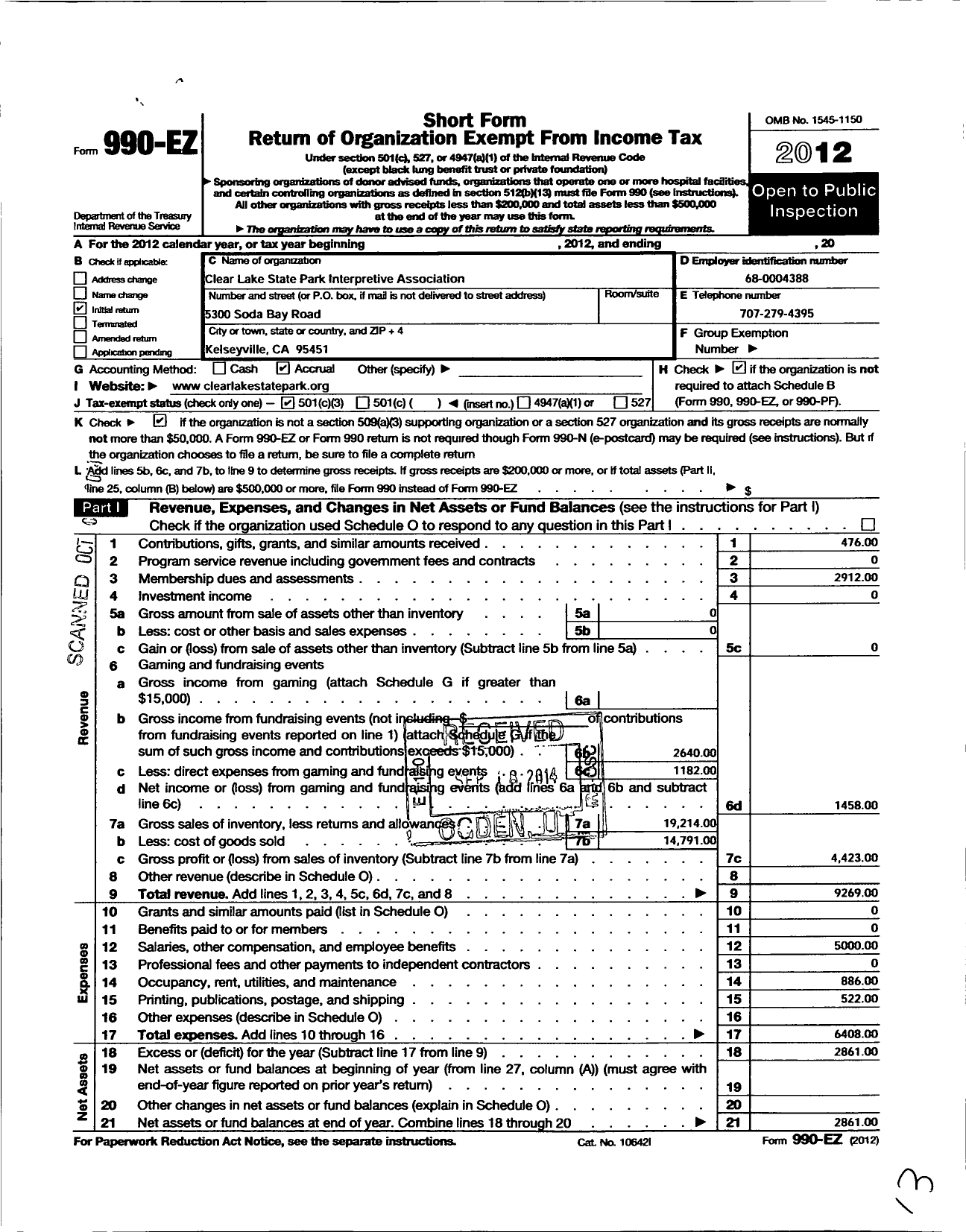 Image of first page of 2012 Form 990EZ for Clear Lake State Park Interpretive Association