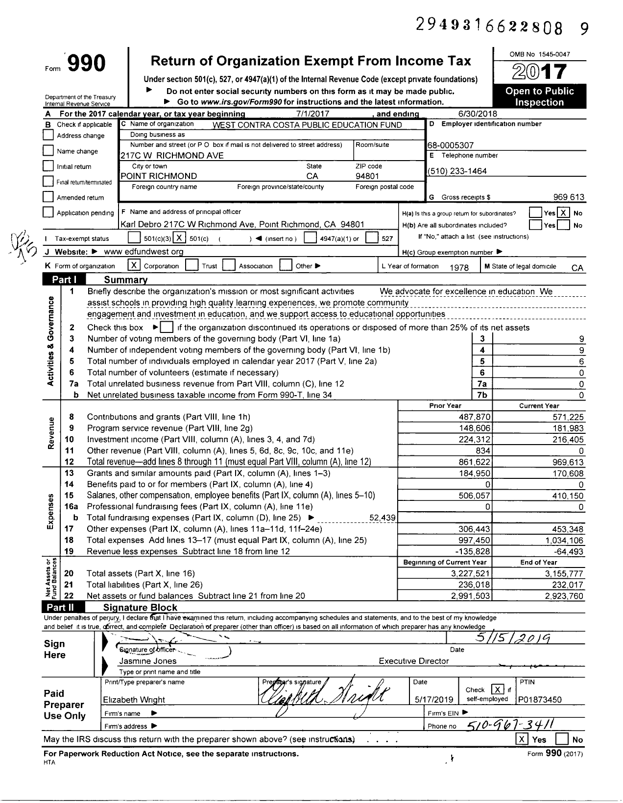 Image of first page of 2017 Form 990 for West Contra Costa Public Education Fund