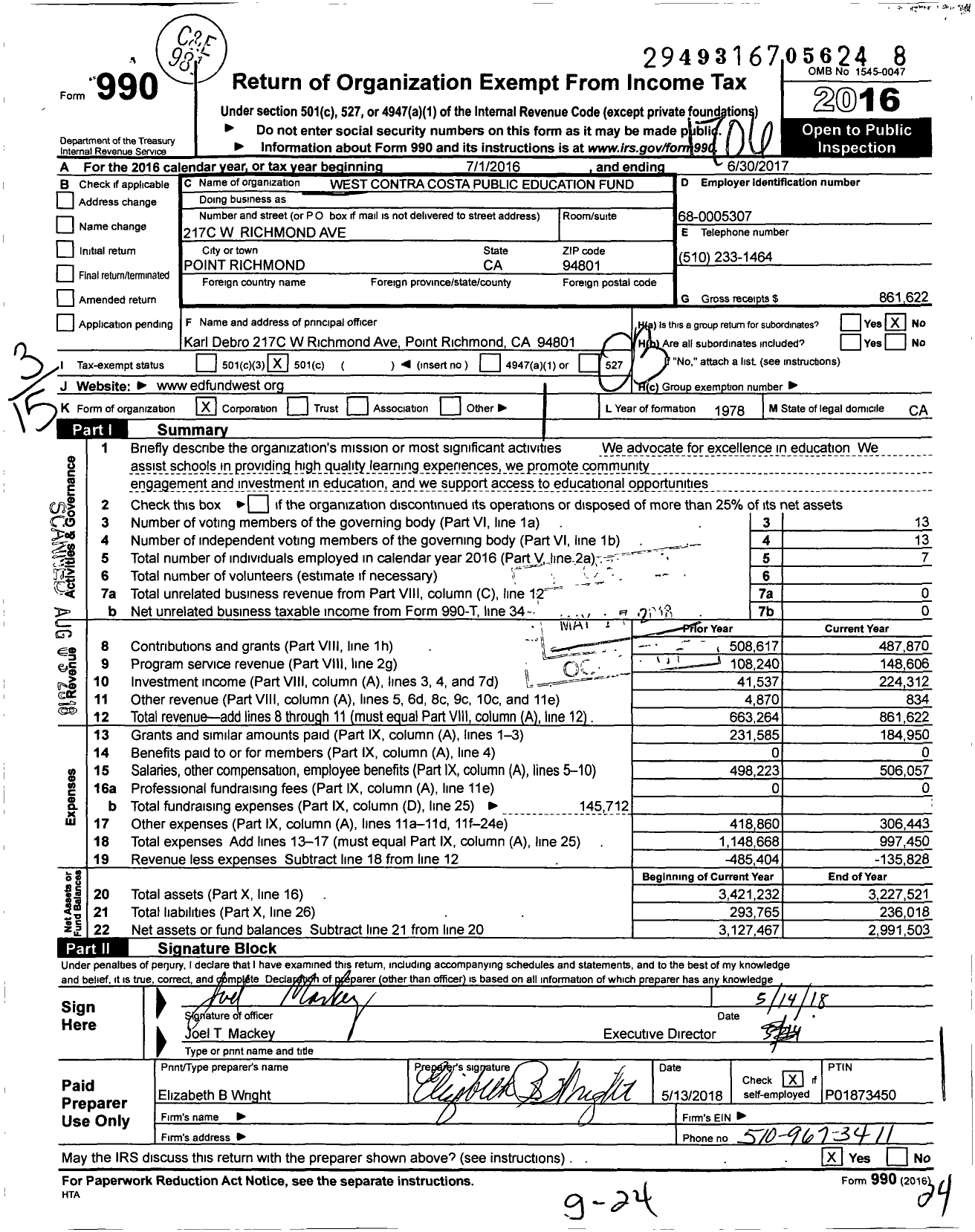 Image of first page of 2016 Form 990 for West Contra Costa Public Education Fund