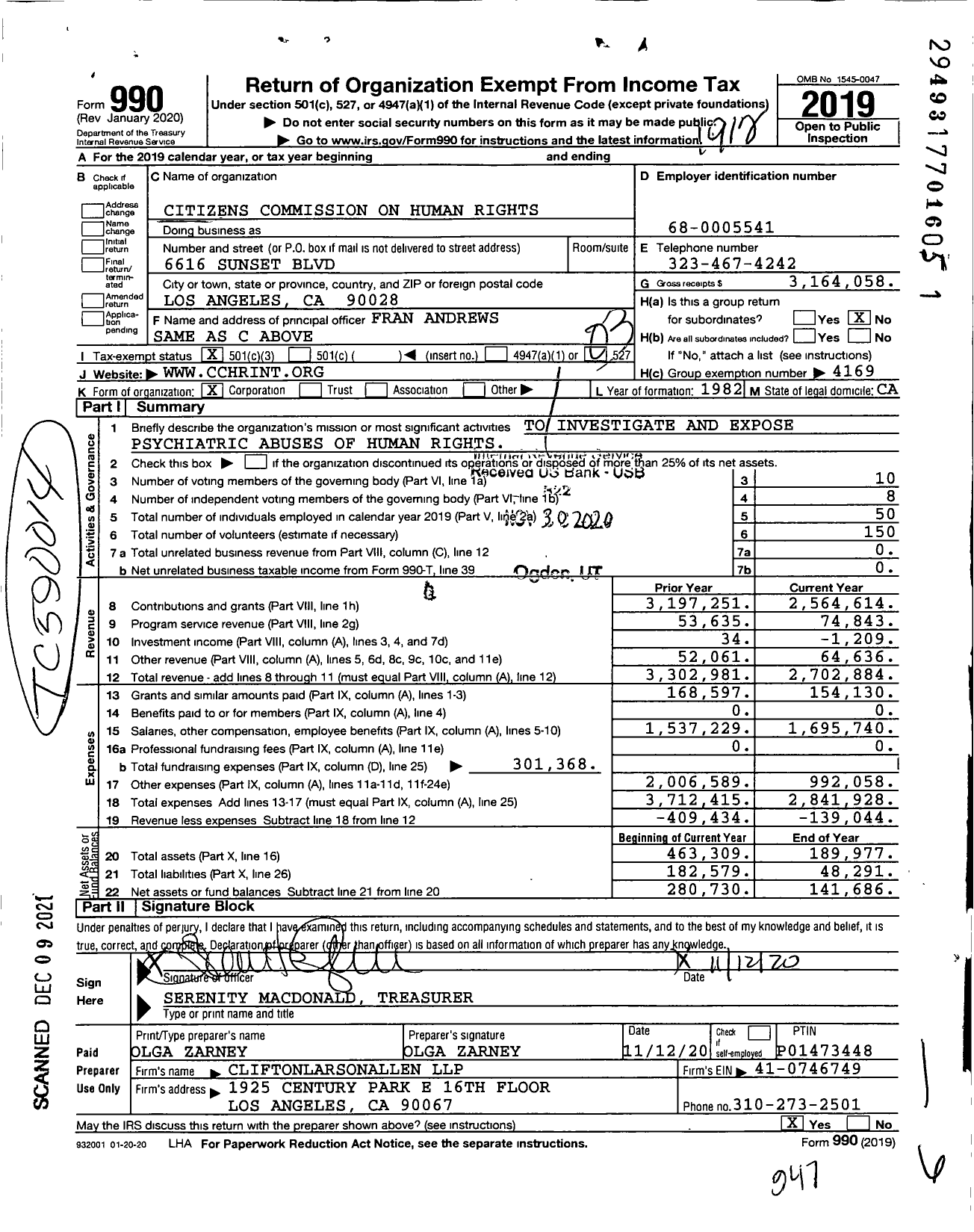 Image of first page of 2019 Form 990 for Citizens Commission on Human Rights