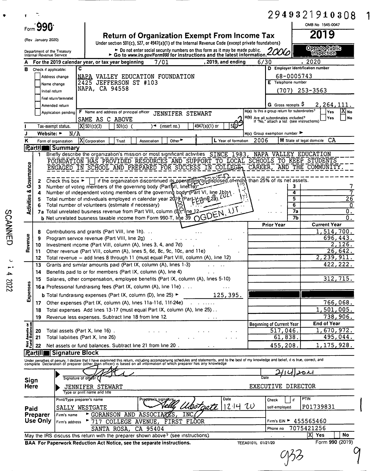 Image of first page of 2019 Form 990 for Napa Valley Education Foundation