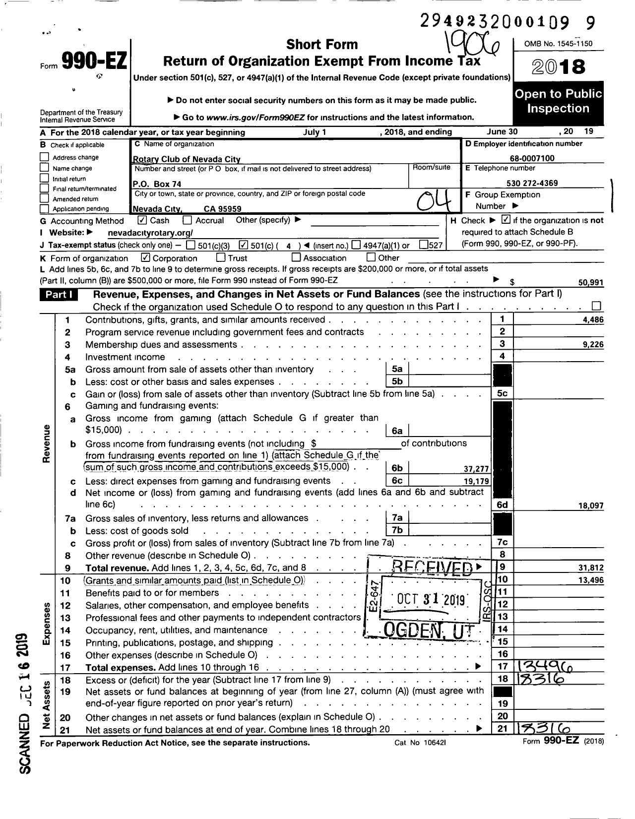 Image of first page of 2018 Form 990EO for Rotary International - Rotary Club of Nevada City