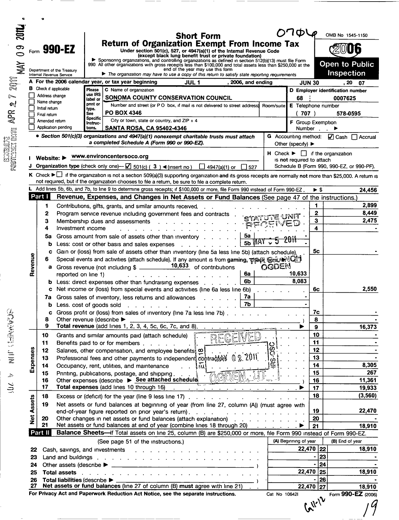 Image of first page of 2006 Form 990EZ for Sonoma County Conservation Council