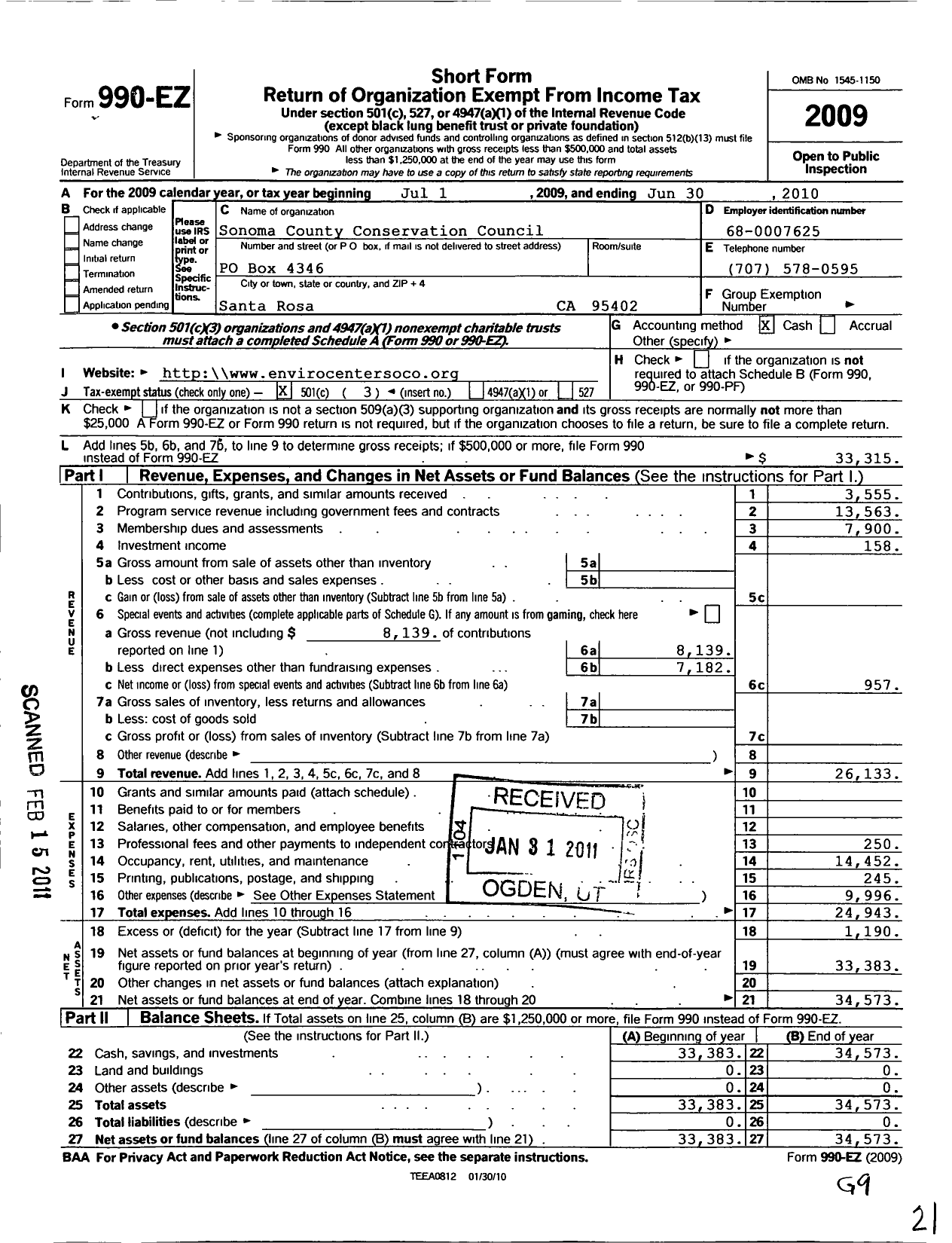 Image of first page of 2009 Form 990EZ for Sonoma County Conservation Council