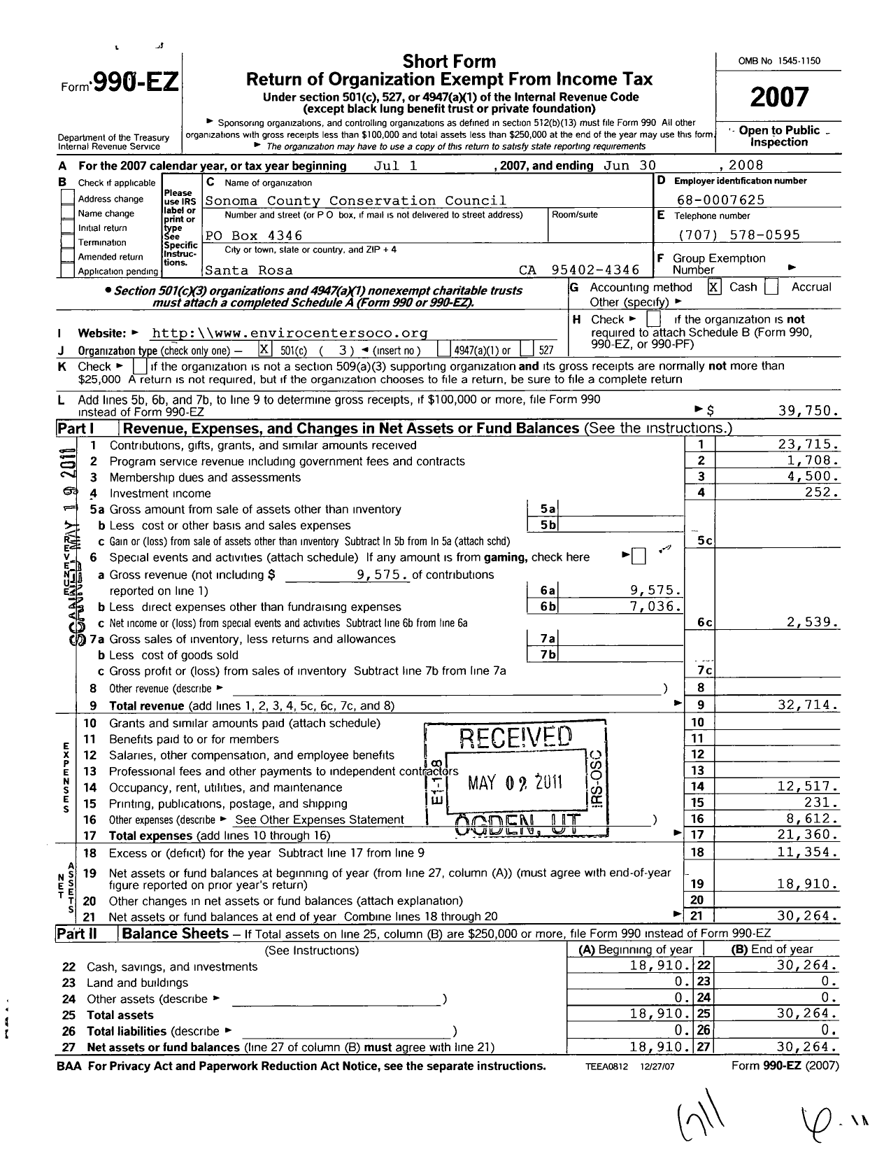 Image of first page of 2007 Form 990EZ for Sonoma County Conservation Council