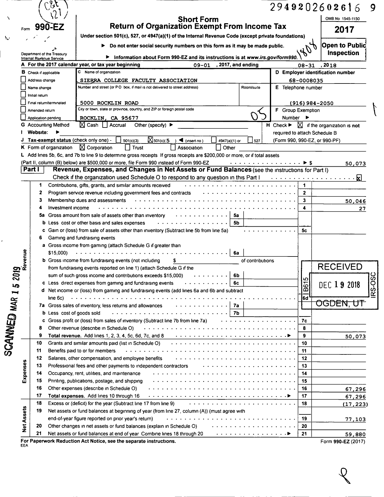 Image of first page of 2017 Form 990EO for California Teachers Association - Sierra College Faculty Association